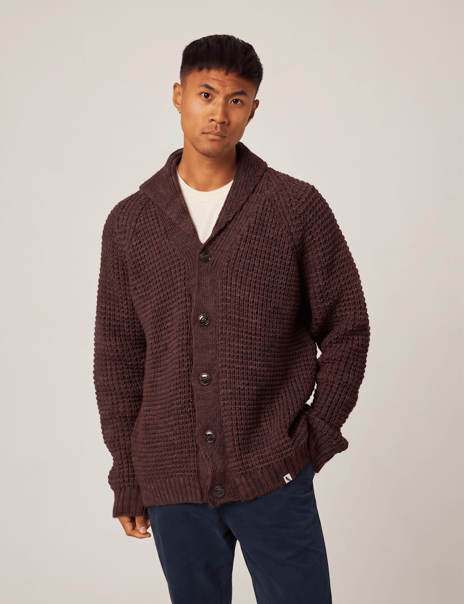 Peregrine Pure Wool Waffle Shawl Neck Cardigan Burgundy