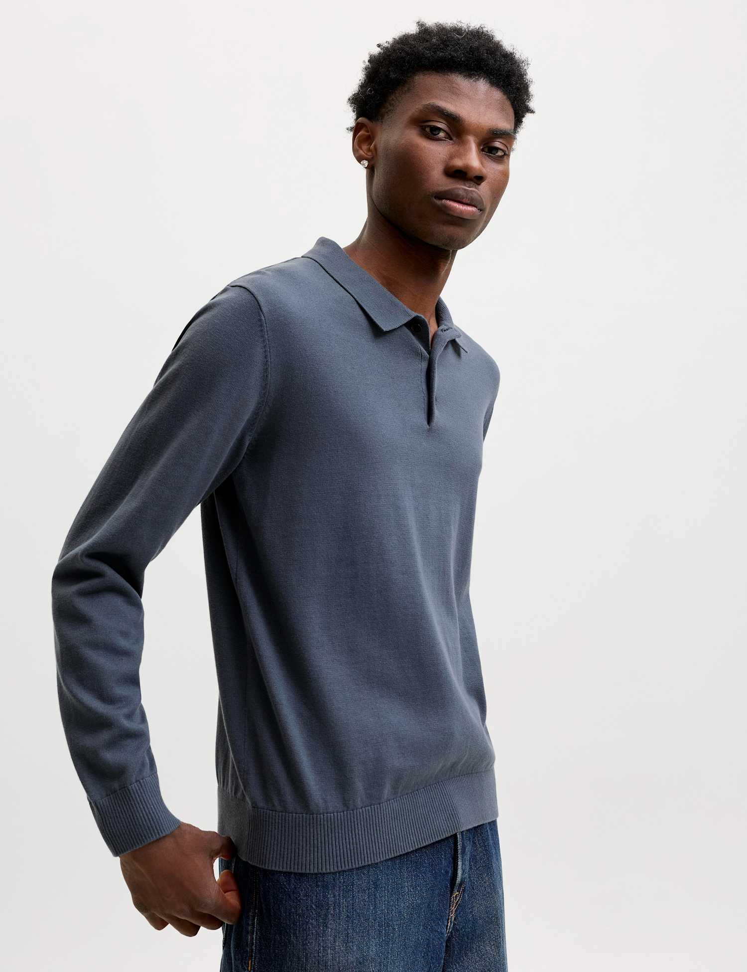 JACK & JONES Pure Cotton Knitted Long Sleeve Polo Shirts Dark Grey