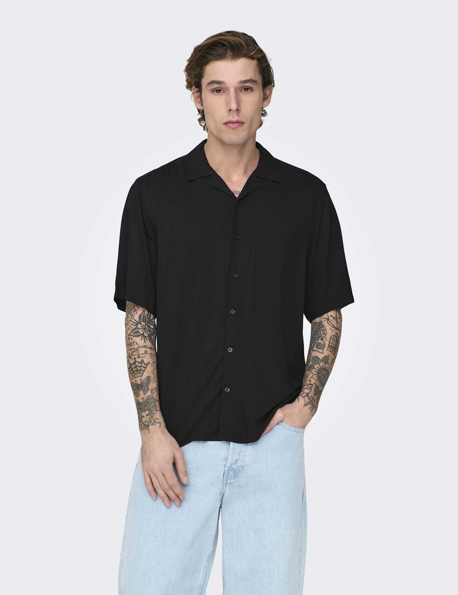 ONLY & SONS Regular Fit Easy Iron Cuban Collar Shirt Black