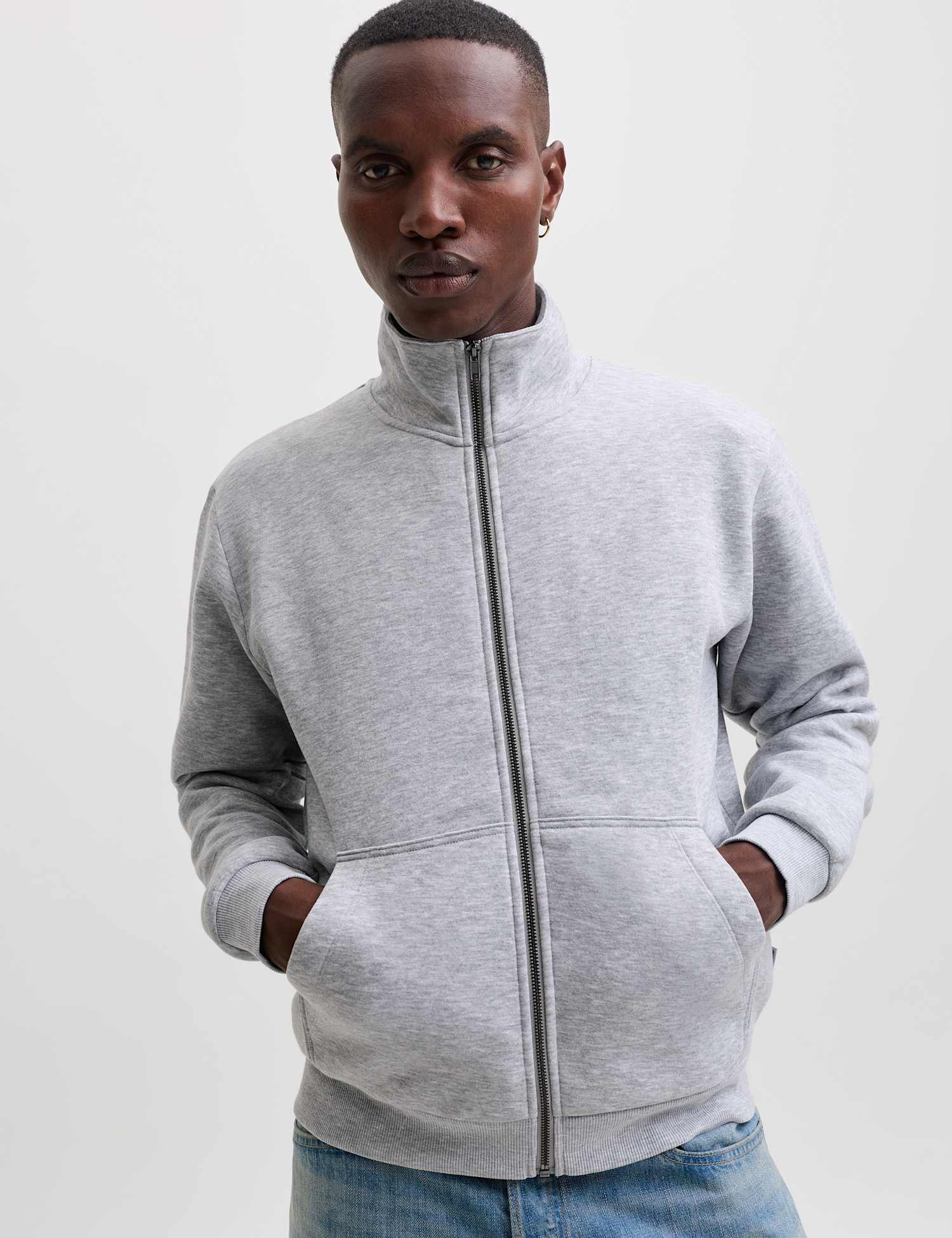 JACK & JONES Fleece Funnel Neck Long Sleeve Sweatshirt Light Grey