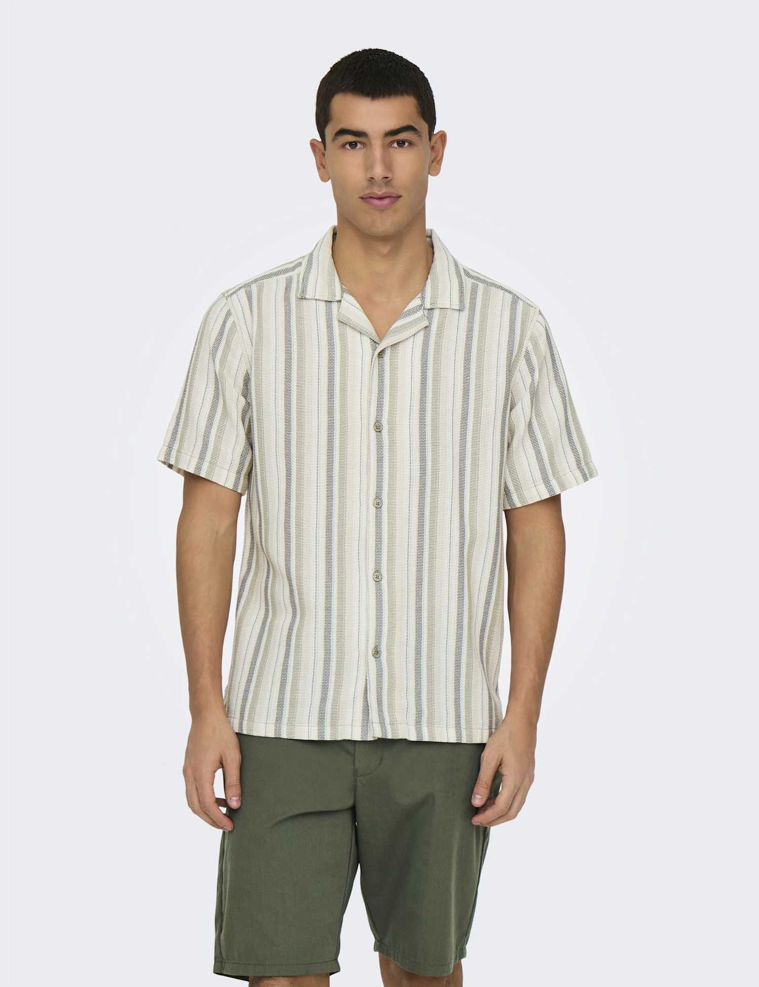 ONLY & SONS Cotton Rich Striped Textured Shirt Green Mix
