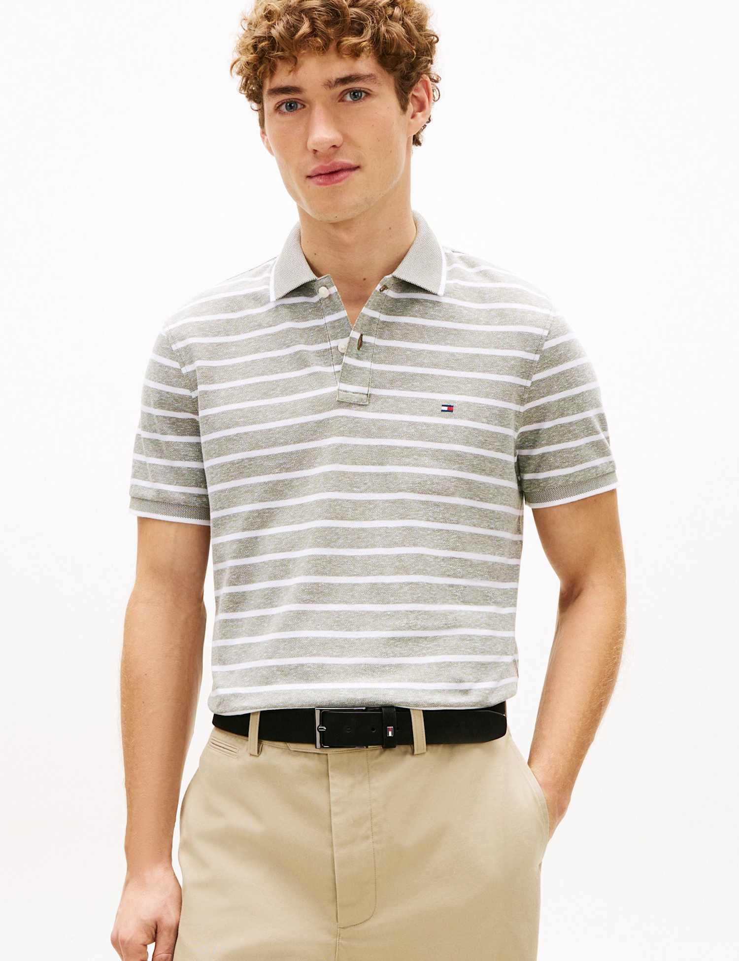 Tommy Hilfiger Cotton Rich Striped Polo Shirt with Linen Khaki Mix