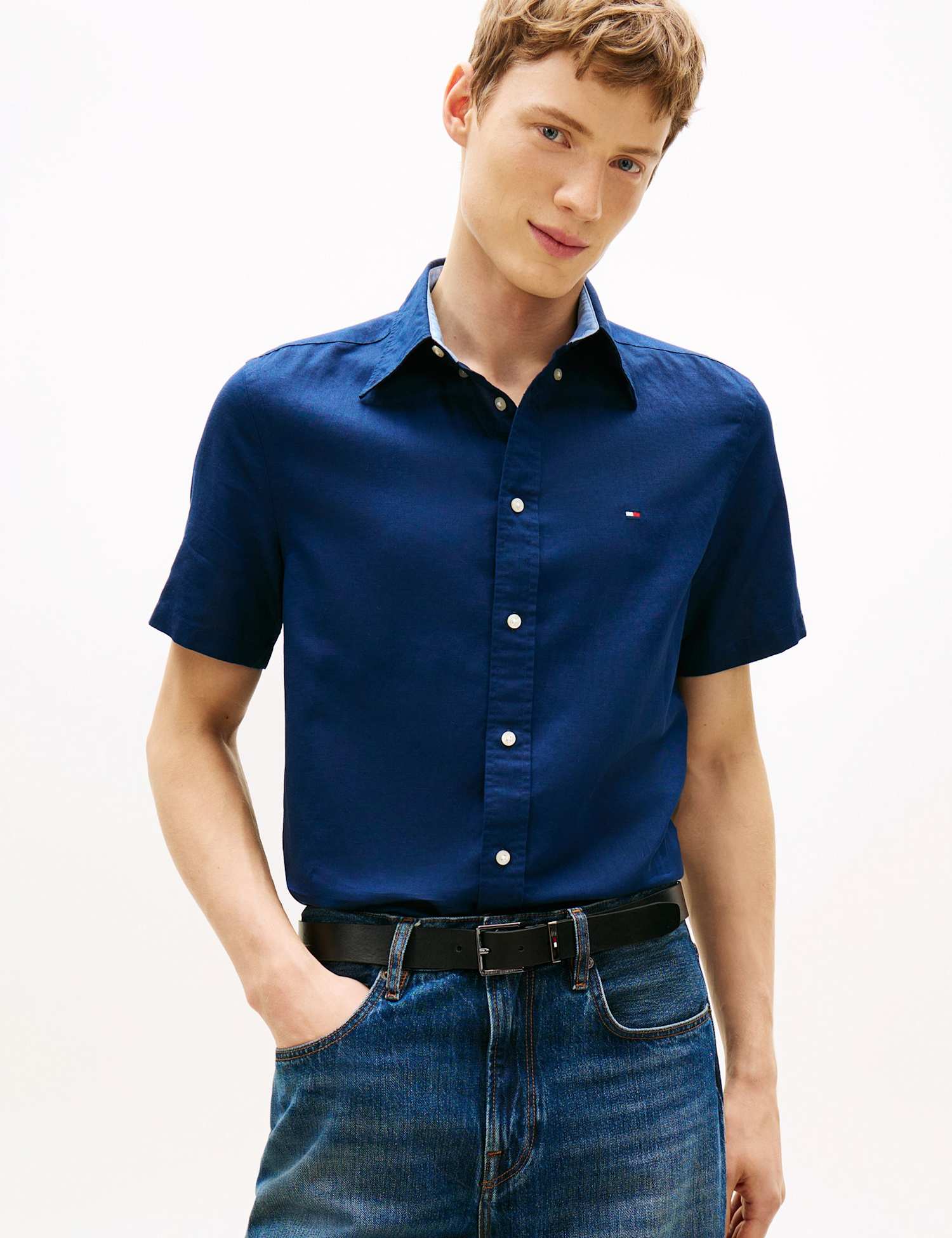 Tommy Hilfiger Regular Fit Linen Blend Shirt Navy