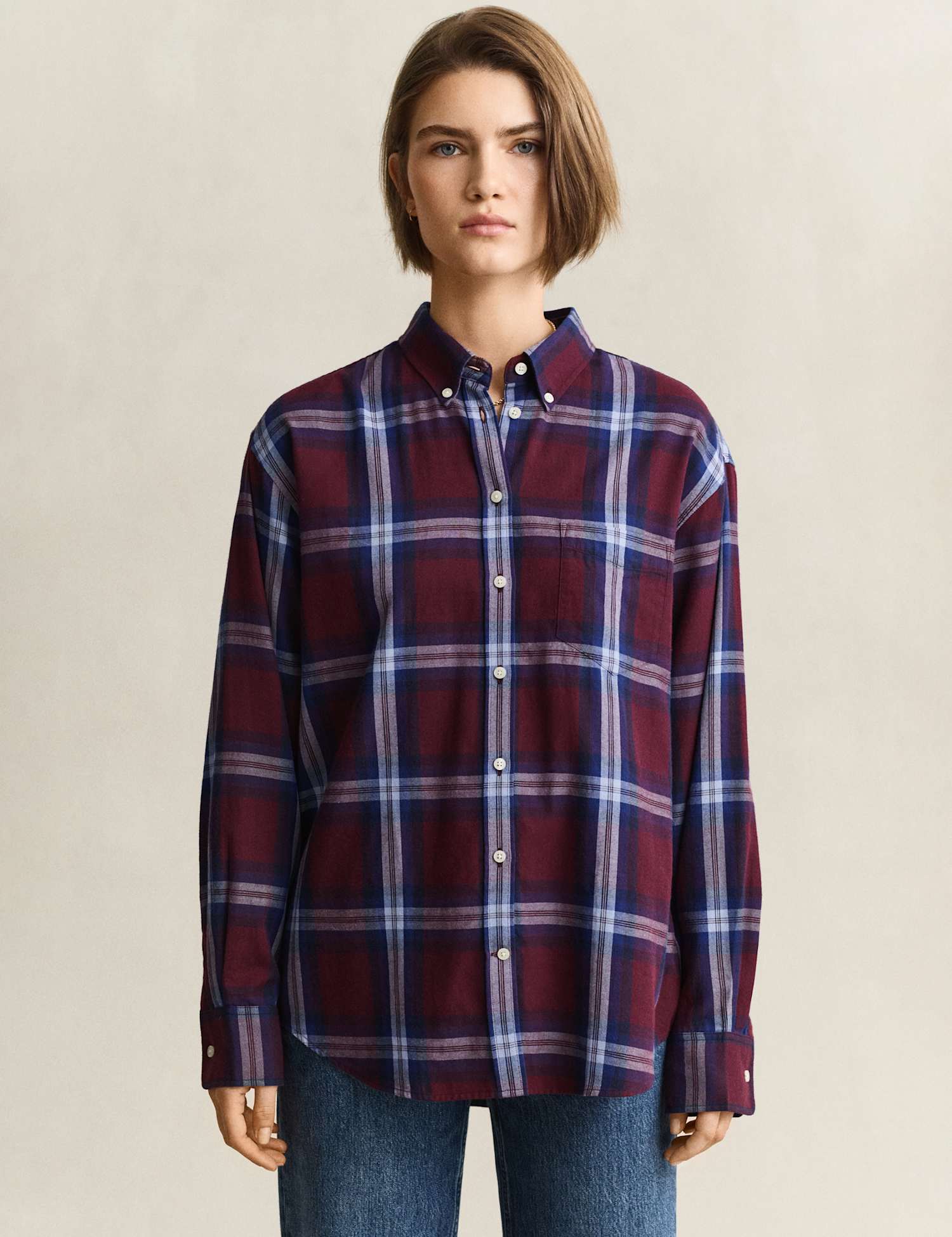 GANT Relaxed Fit Check Flannel Shirt Burgundy Mix