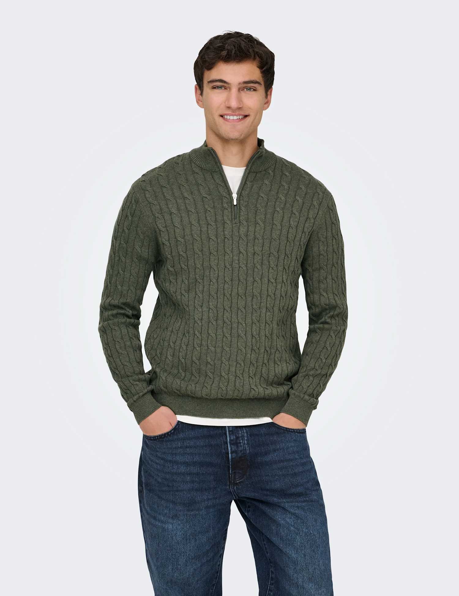 ONLY & SONS Cotton Rich Cable Half Zip Jumper Dark Green