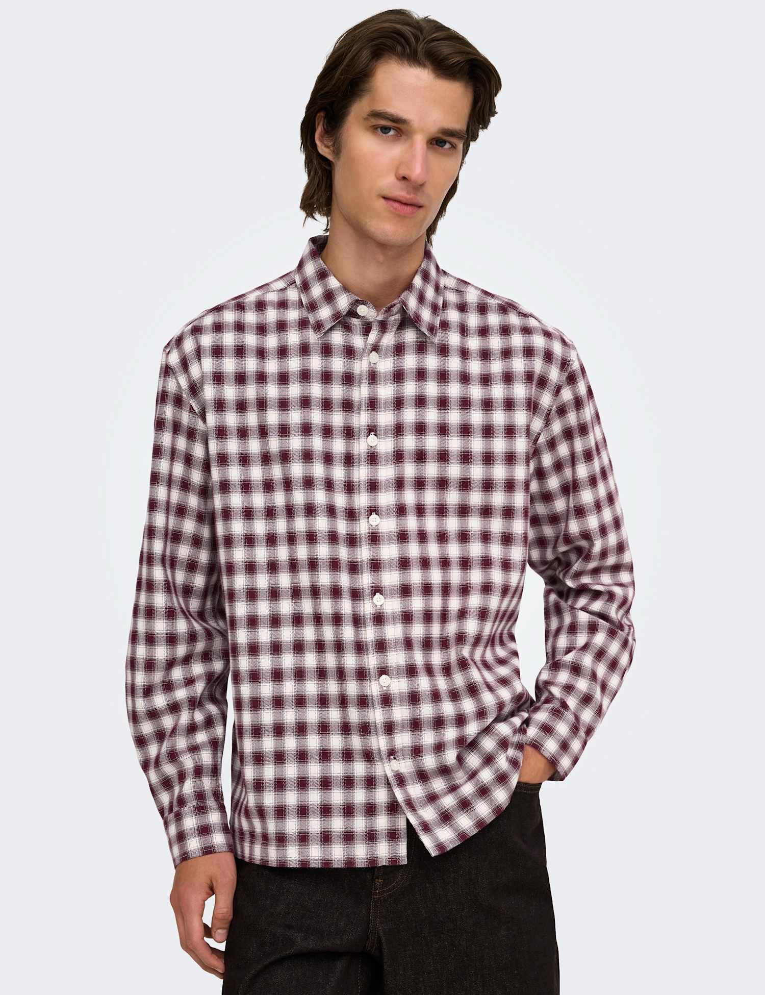 ONLY & SONS Regular Fit Brushed Cotton Checked Shirt Burgundy Mix