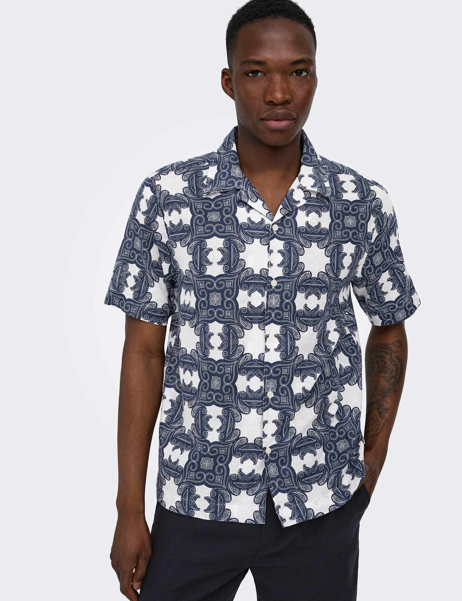 ONLY & SONS Regular Fit Cotton Linen Blend Printed Shirt Navy Mix