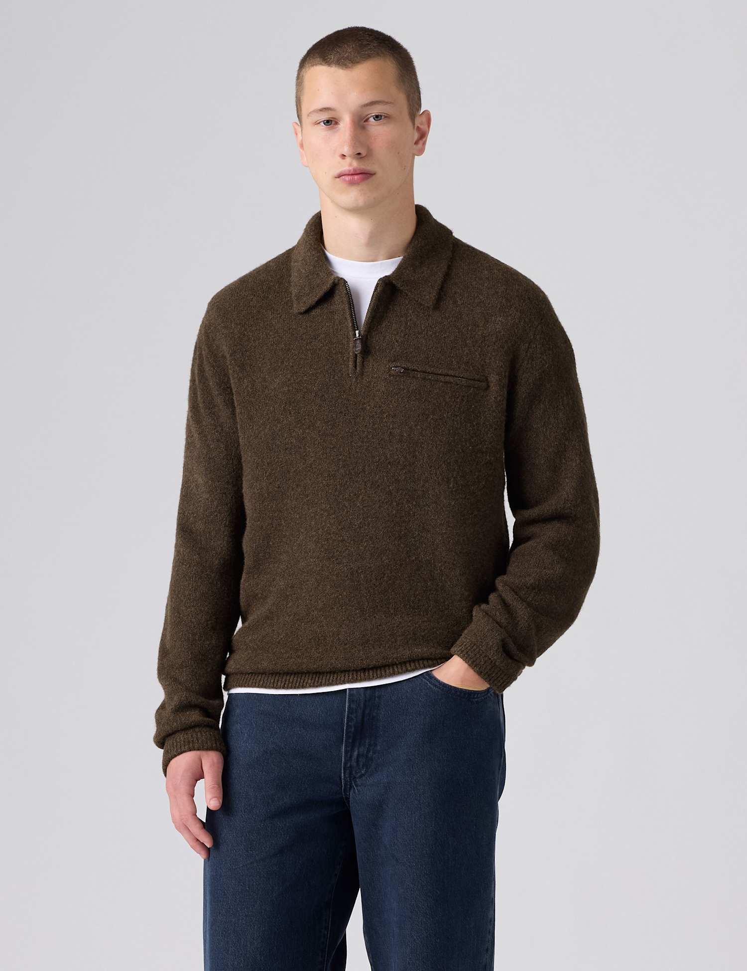 Levi's Collared Neck Half Zip Jumper with Wool Brown