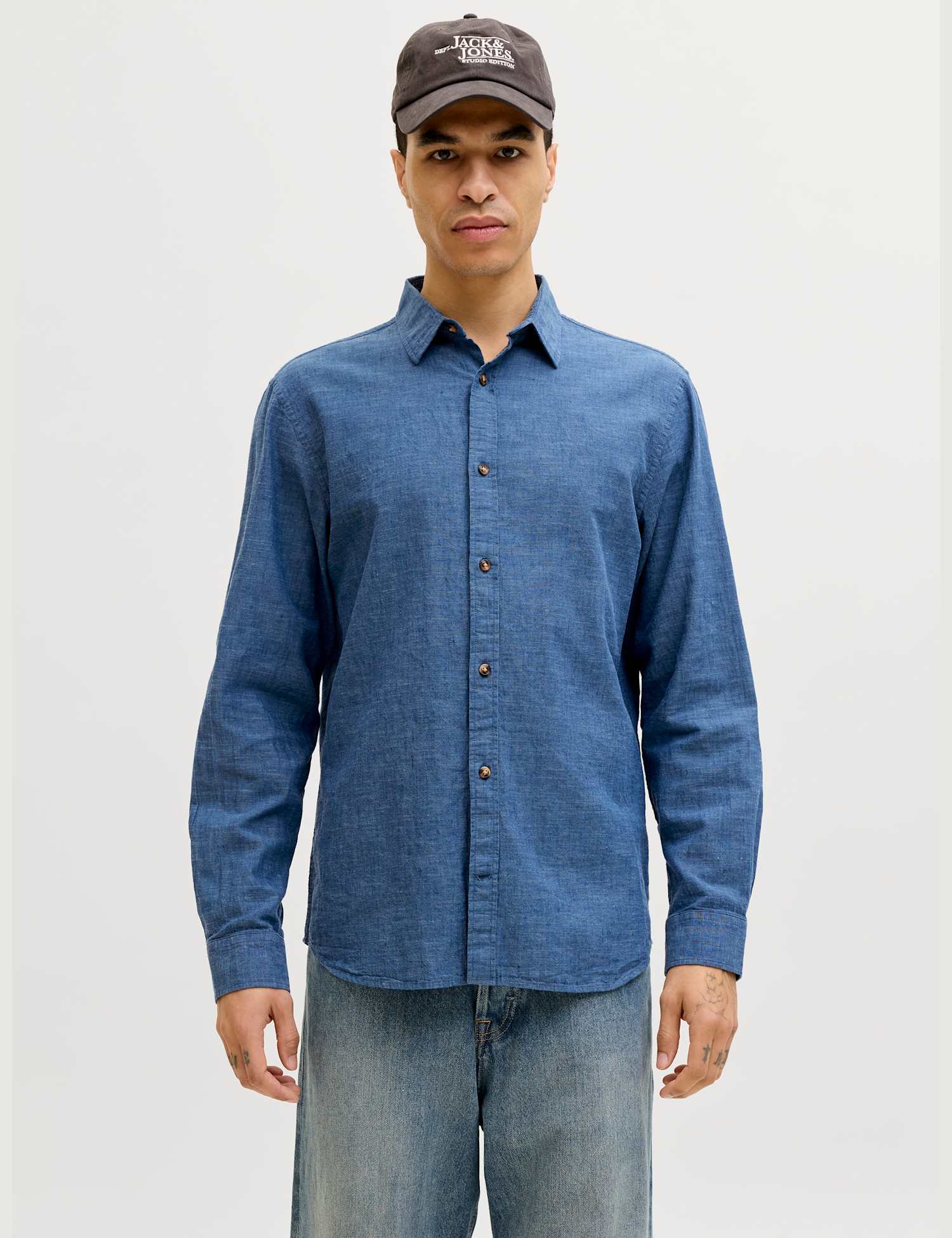 JACK & JONES Regular Fit Linen Blend Shirt Navy Mix