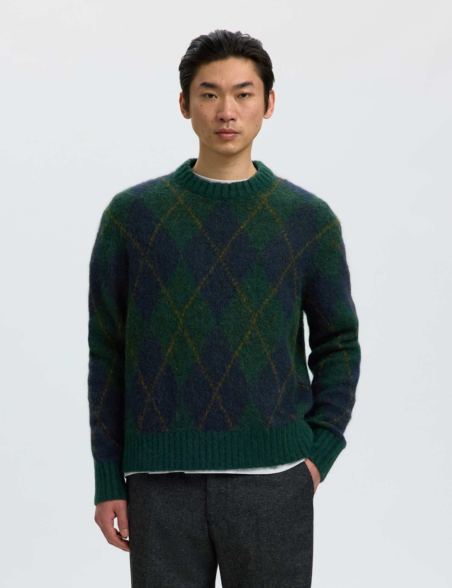 Selected Argyle Crew Neck Jumper with Alpaca Dark Green