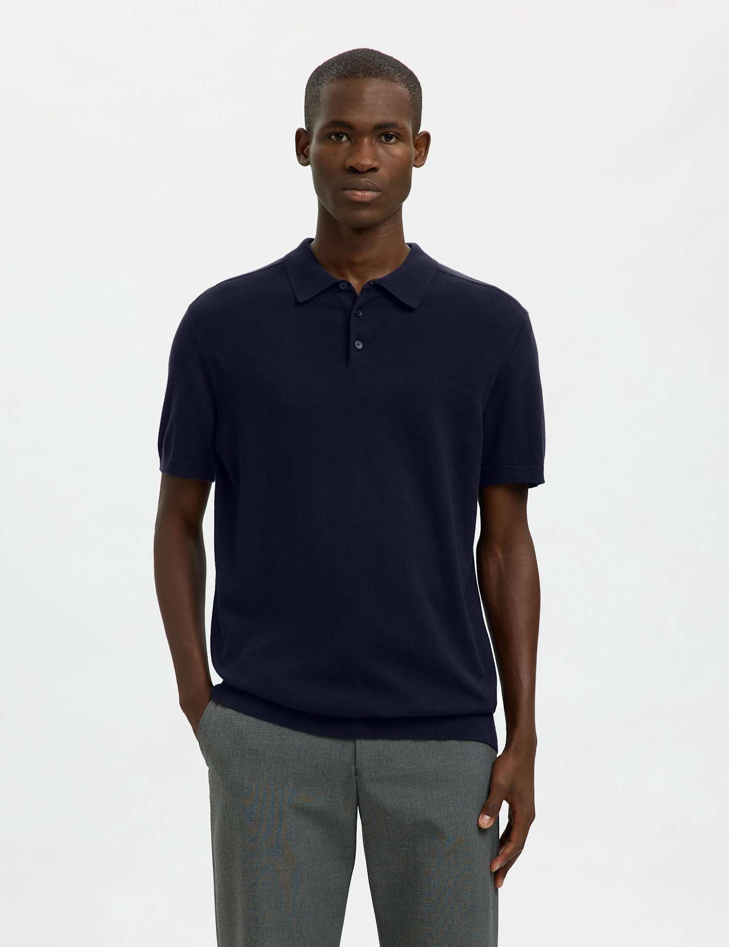 Selected Pure Cotton Knitted Polo Shirt Navy