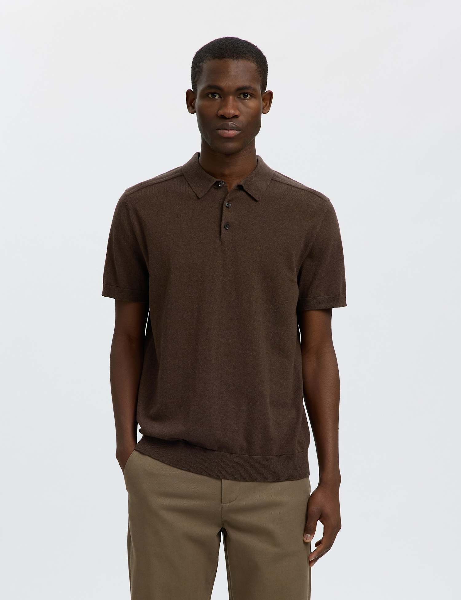 Selected Pure Cotton Knitted Polo Shirt Brown