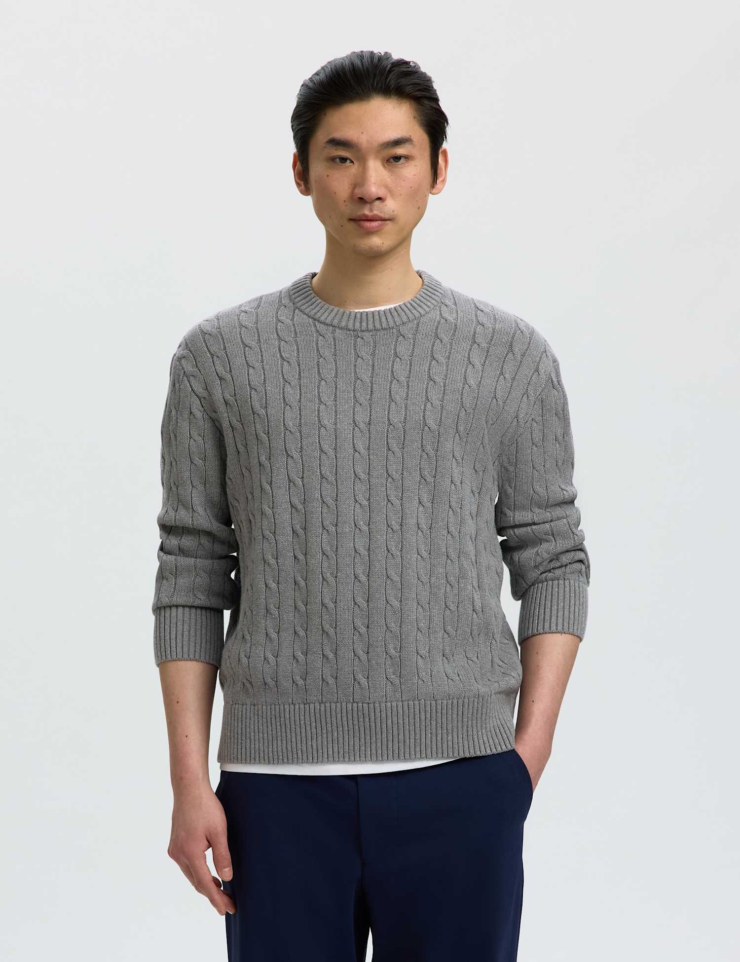 Selected Pure Cotton Cable Knit Jumper Grey