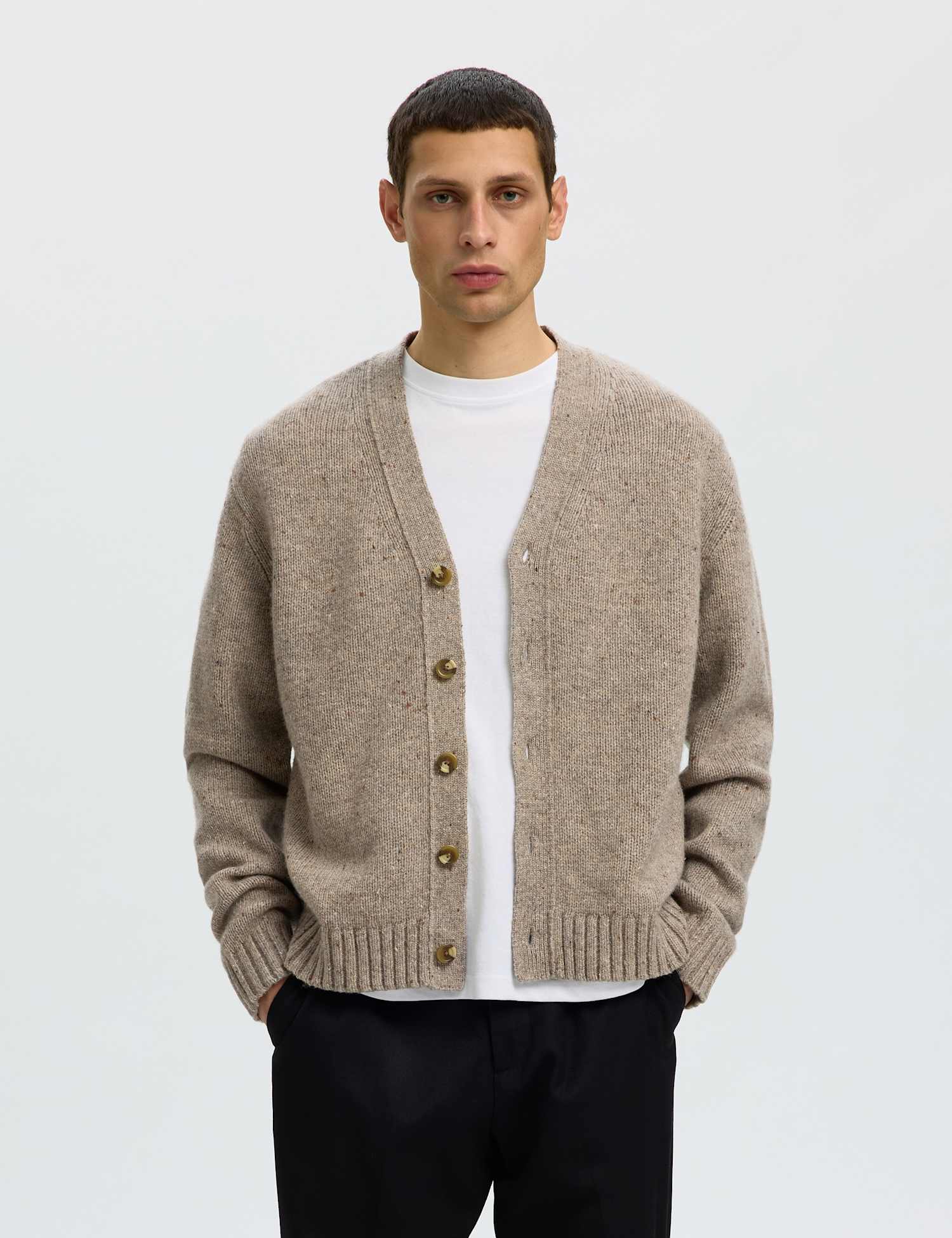 Selected Wool Rich Textured V-Neck Cardigan Oatmeal