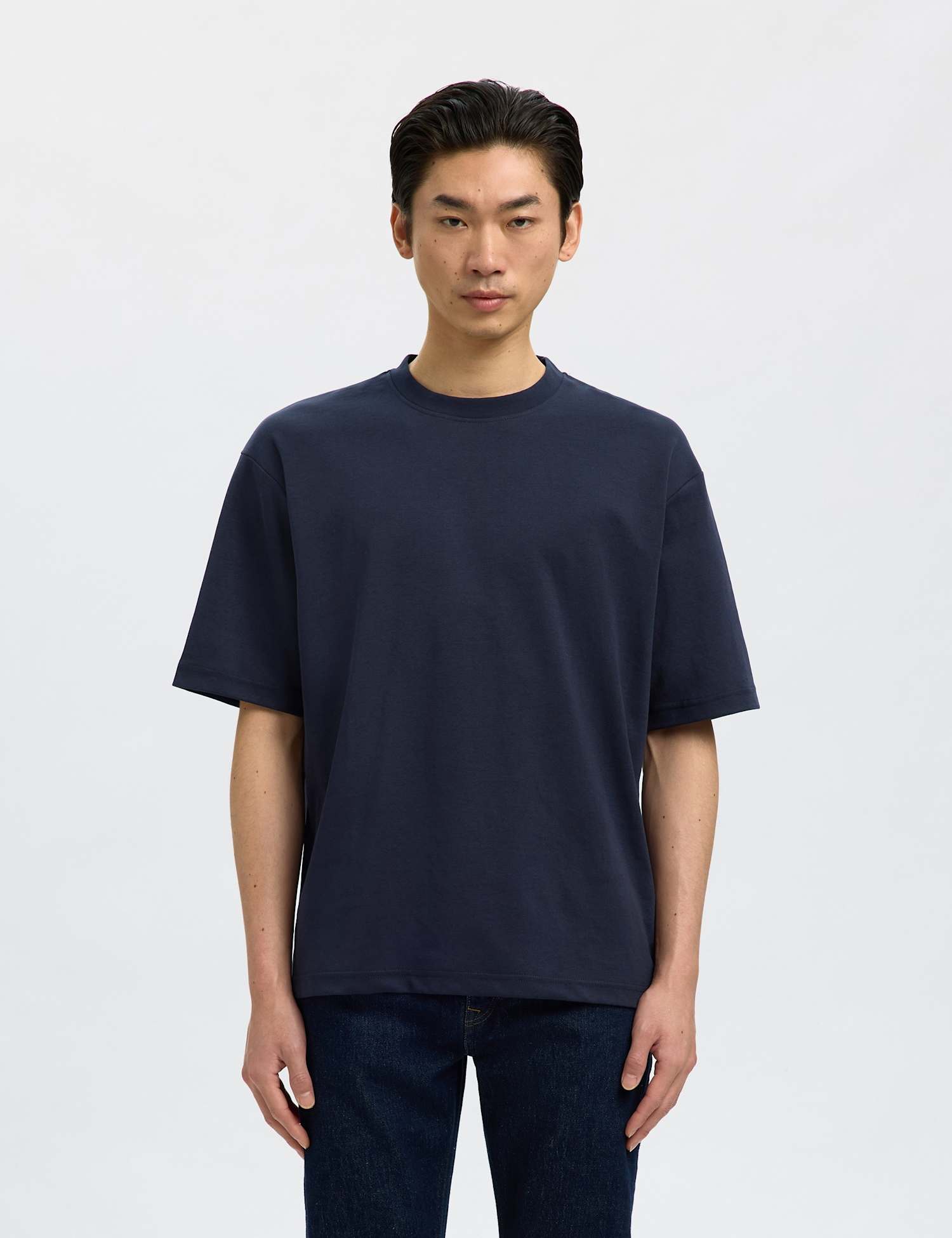 Selected Cotton Blend Crew Neck T-Shirt Navy