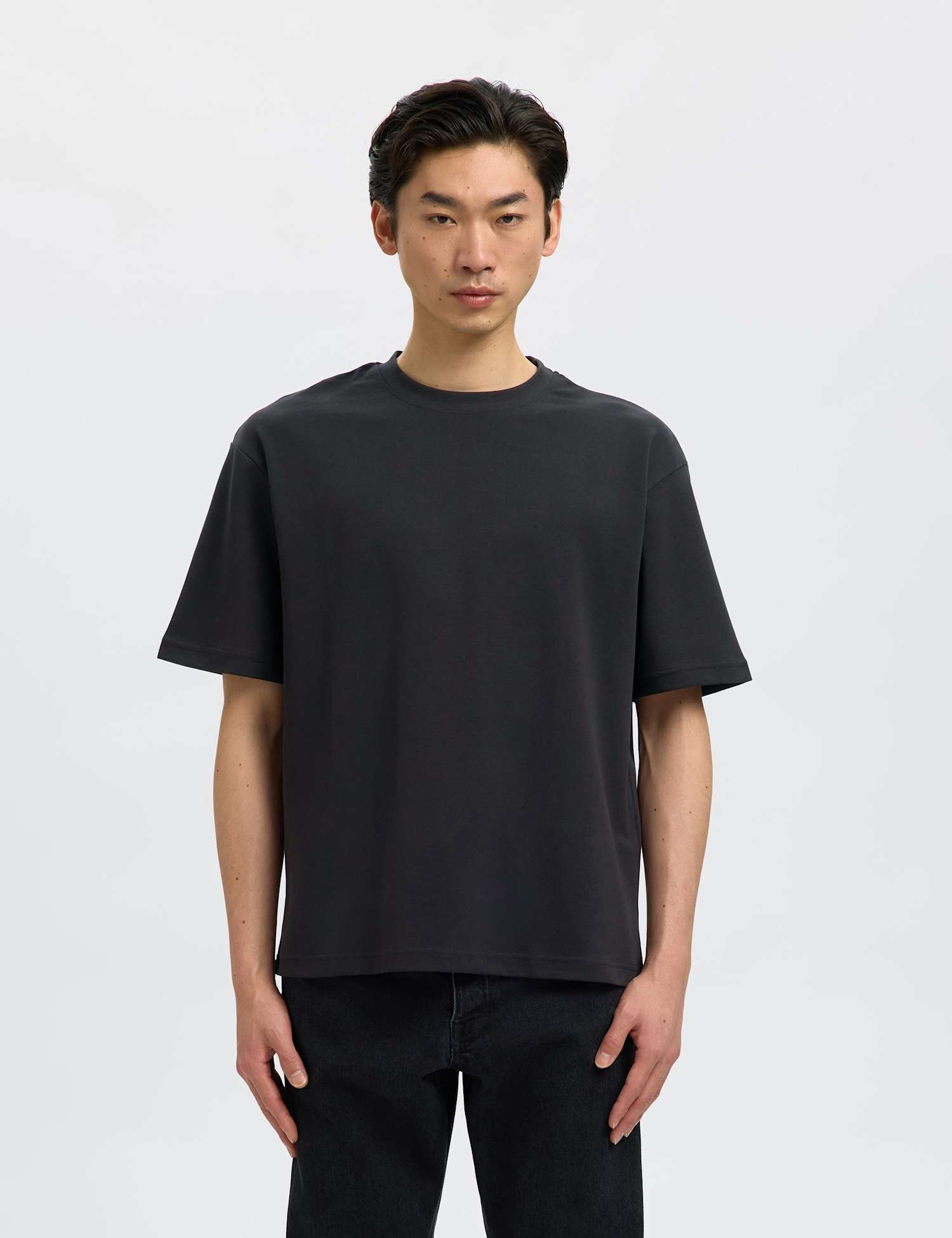 Selected Cotton Blend Crew Neck T-Shirt Black