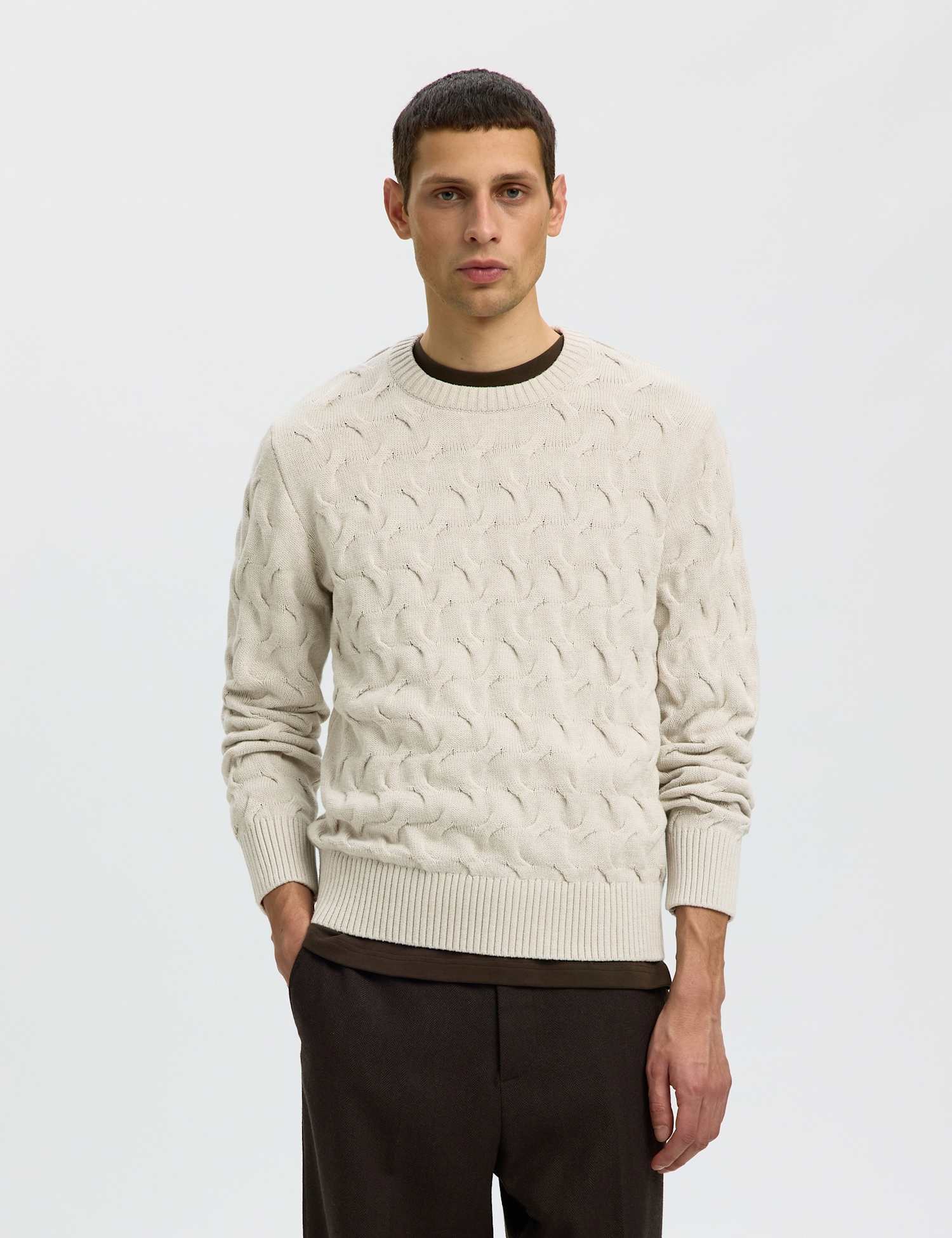 Selected Pure Cotton Cable Crew Neck Jumper Light Cream