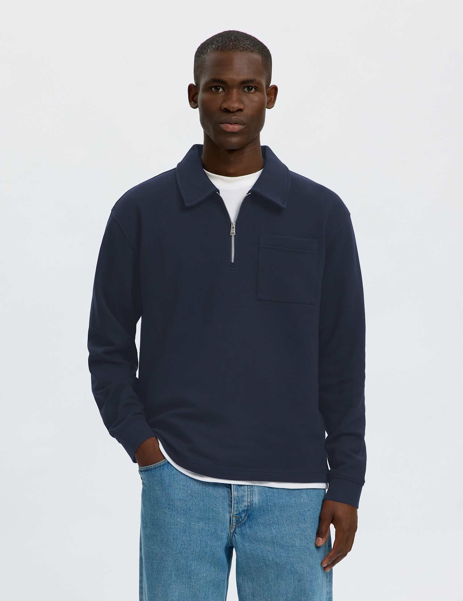 Selected Pure Cotton Half Zip Sweatshirt Dark Blue