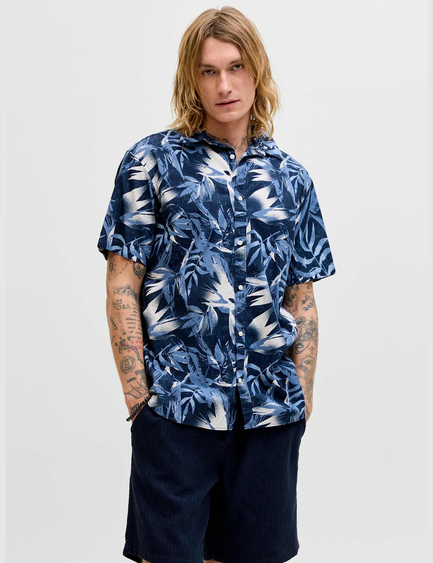 JACK & JONES Regular Fit Pure Cotton Short Sleeve Hawaiian Shirt Navy Mix