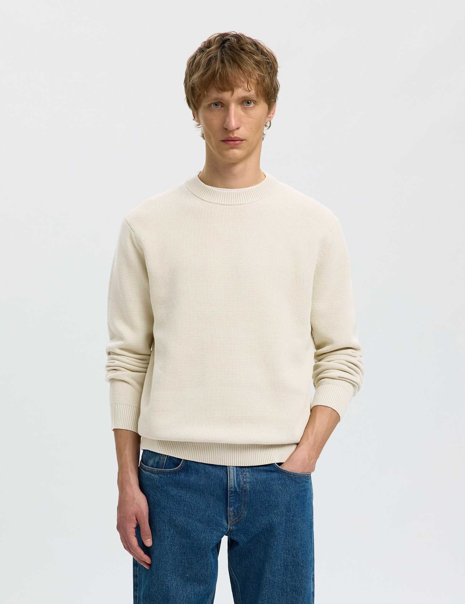 Selected Pure Cotton Textured Crew Neck Jumper Oatmeal