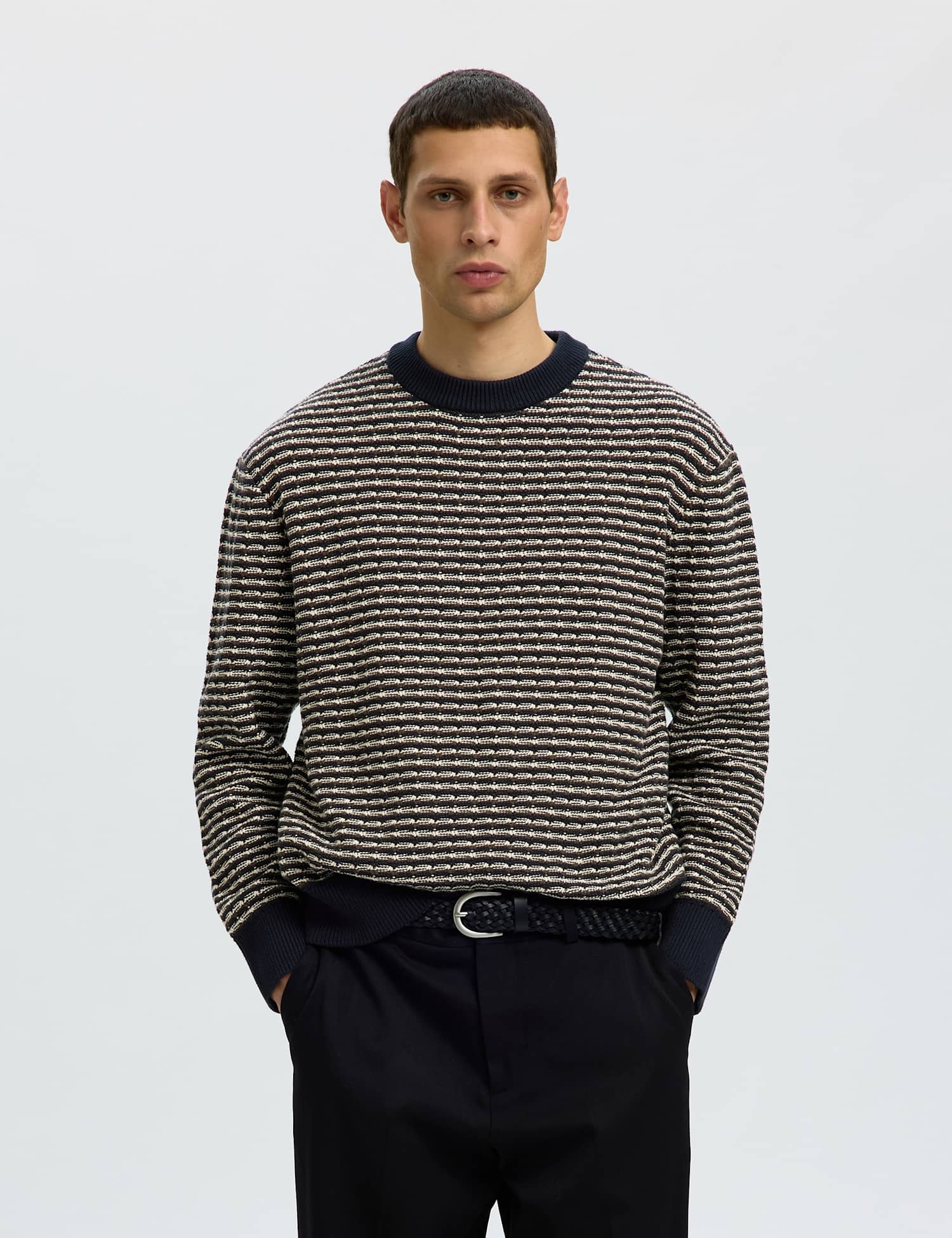 Selected Pure Cotton Striped Structured Crew Neck Jumper Navy Mix