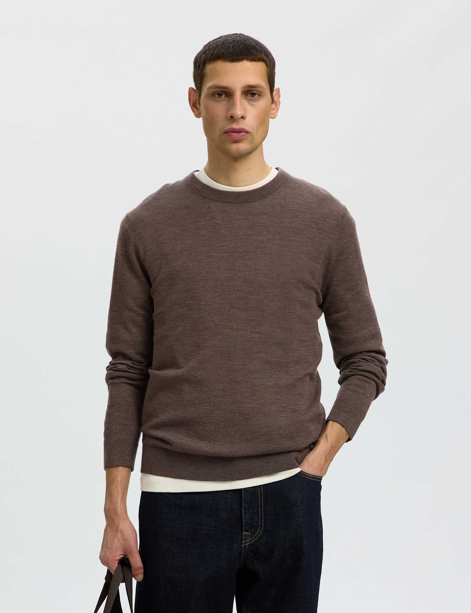 Selected Pure Merino Crew Neck Jumper Brown