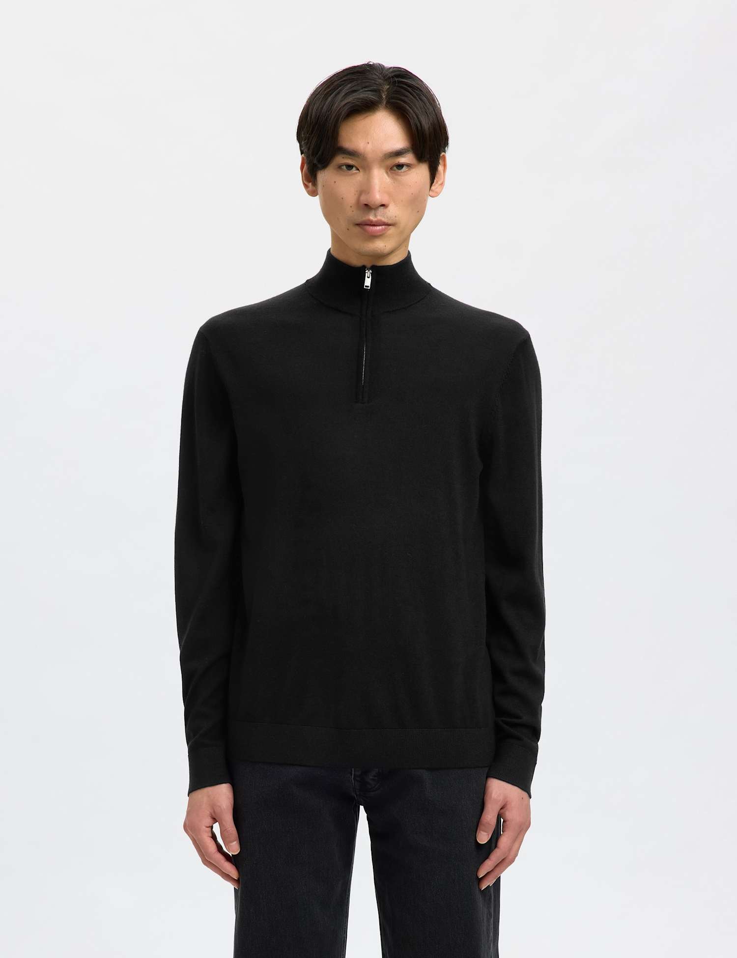 Selected Pure Merino Wool Half Zip Jumper Black
