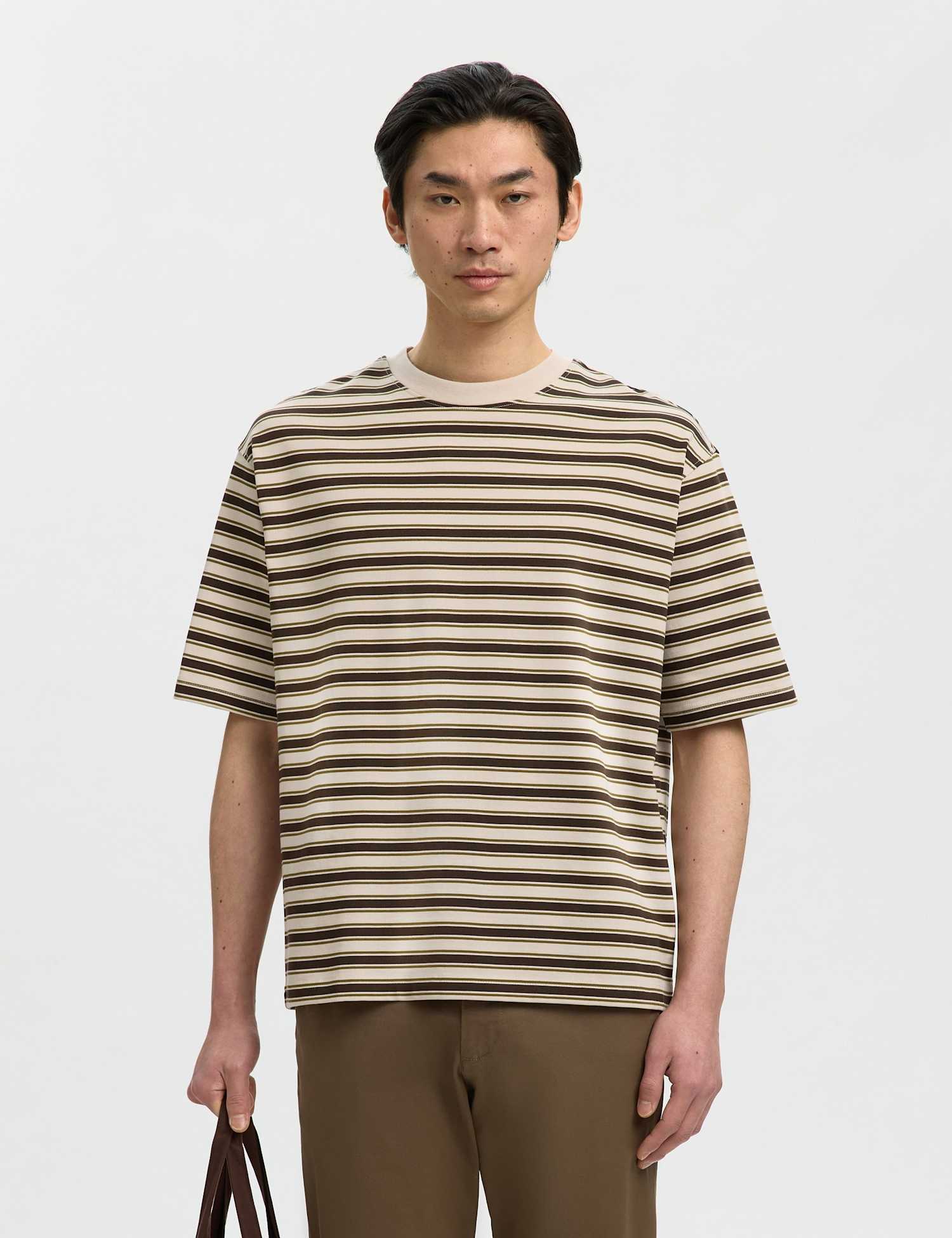 Selected Pure Cotton Jersey Striped Crew Neck T-Shirt Beige