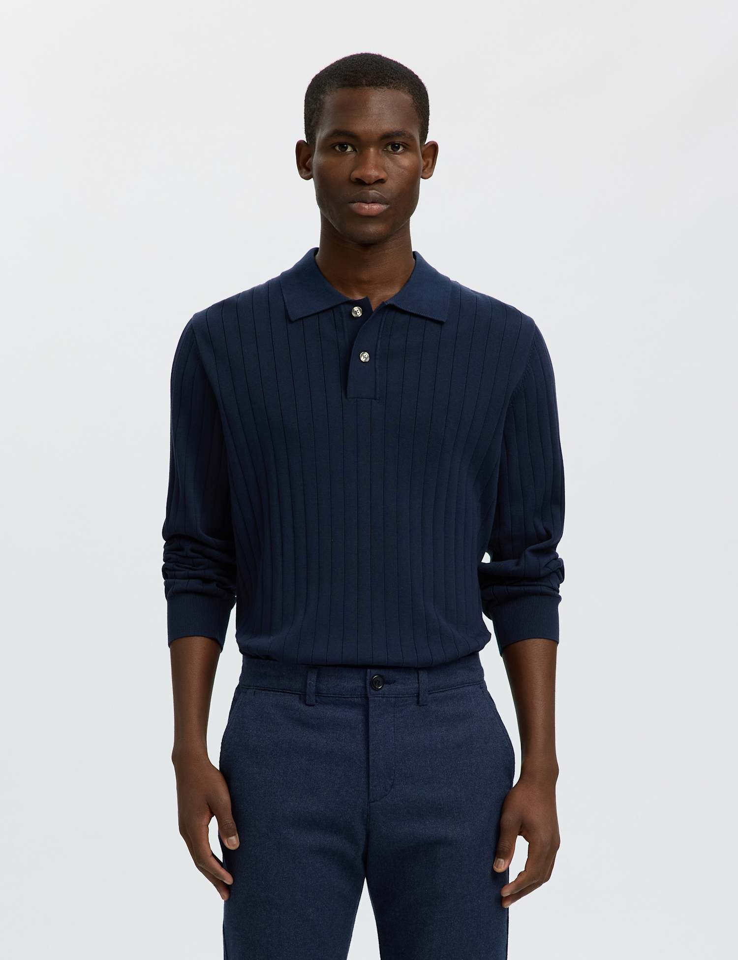 Selected Pure Cotton Ribbed Knitted Polo Shirt Navy