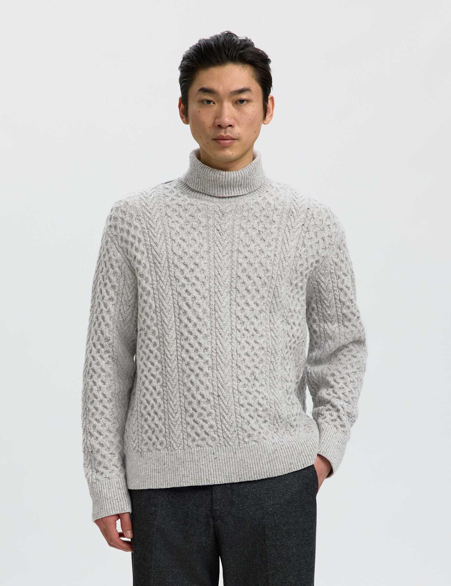 Selected Wool Rich Cable Roll Neck Jumper Light Grey