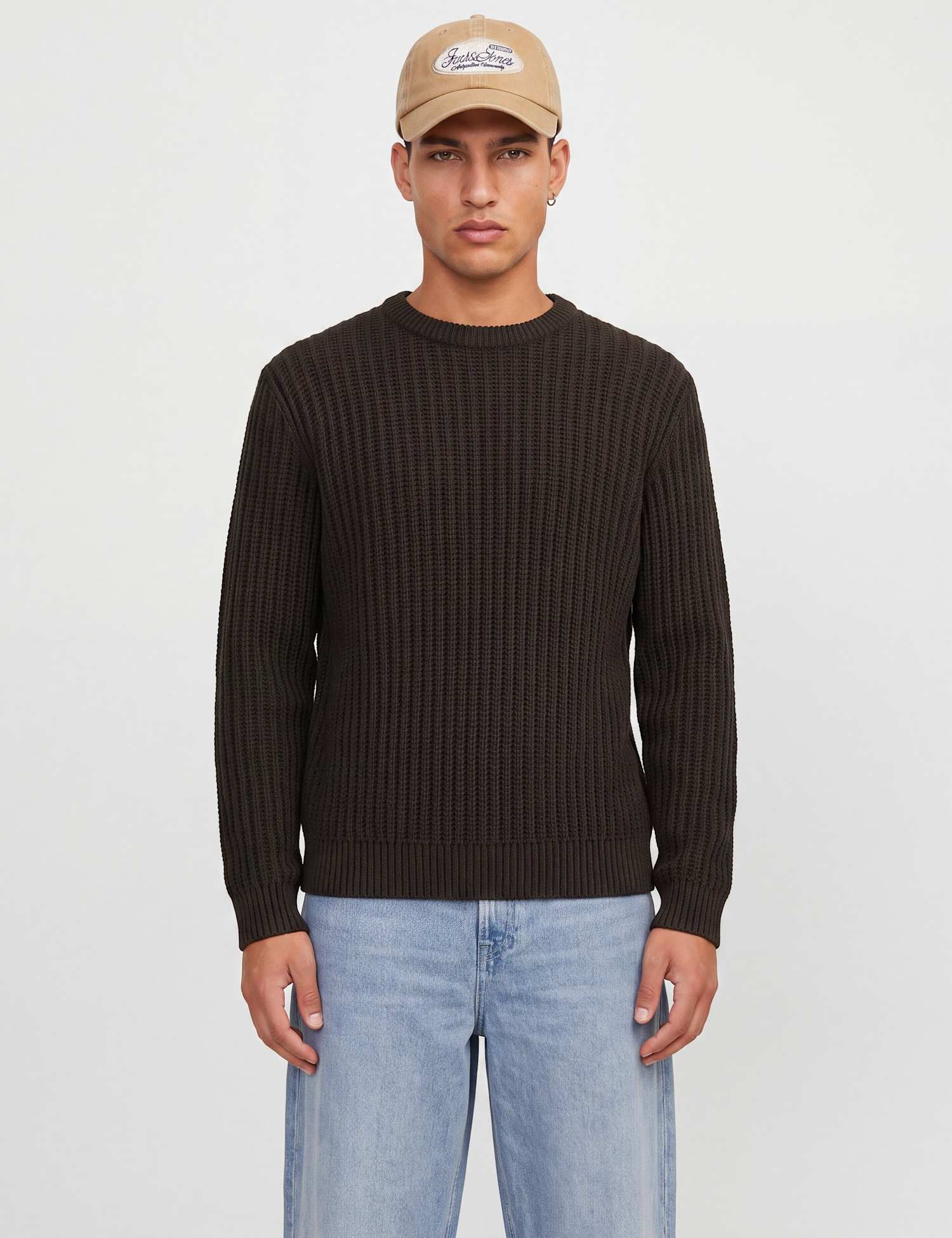 JACK & JONES Cotton Blend Cable Crew Neck Fisherman Jumper Brown