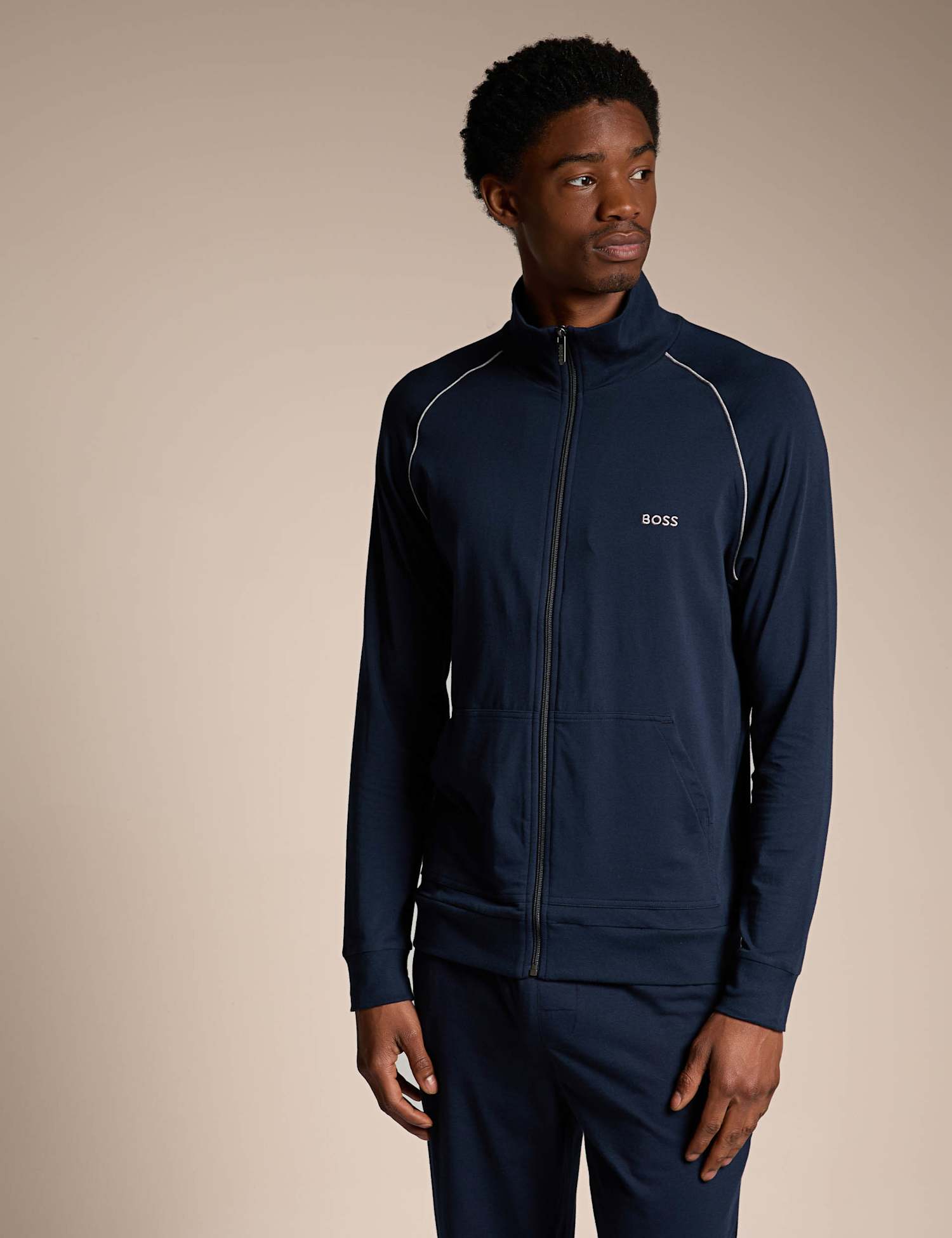 Boss Cotton Rich Zip Up Jacket Navy