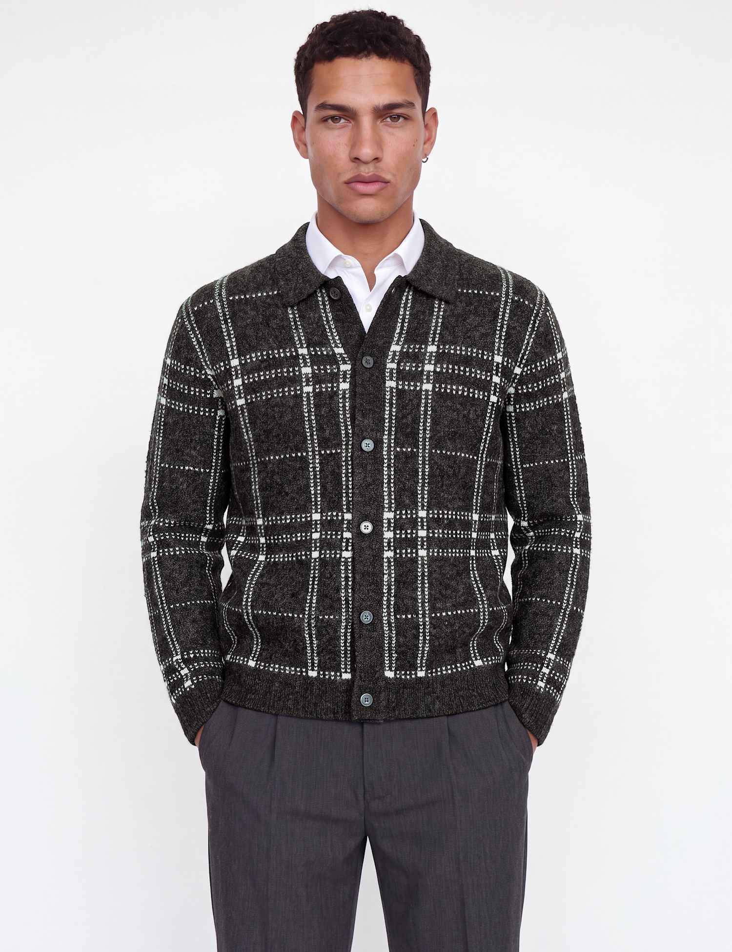 JACK & JONES Checked Cardigan with Wool Grey Mix