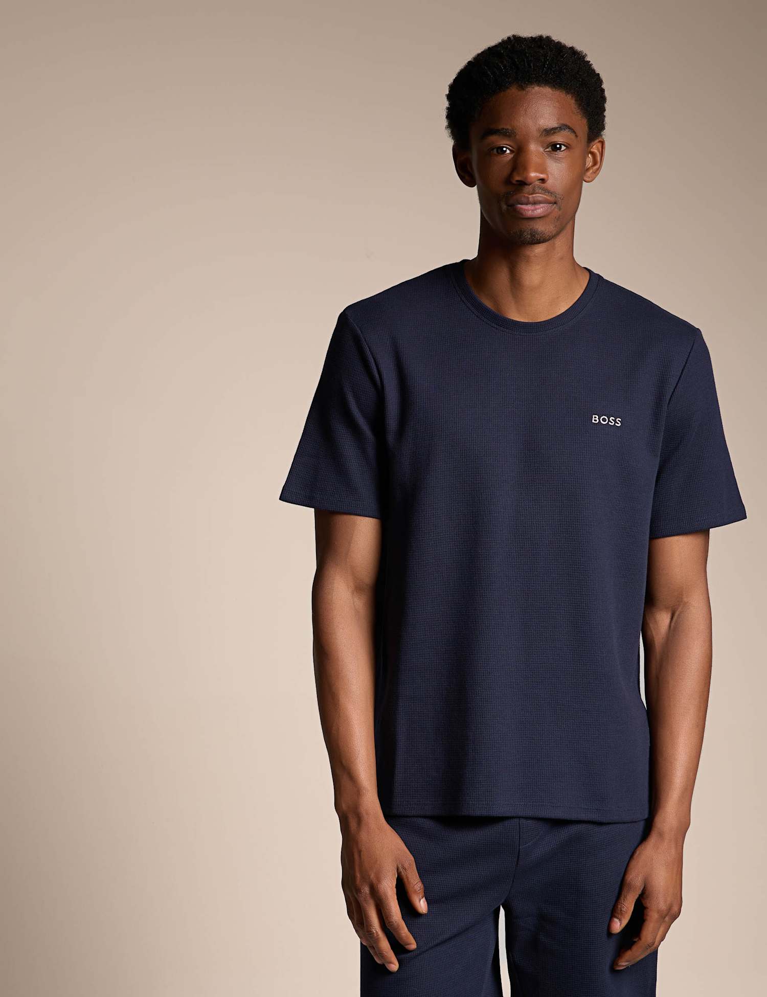 Boss Cotton Rich Crew Neck Waffle T-Shirt Navy