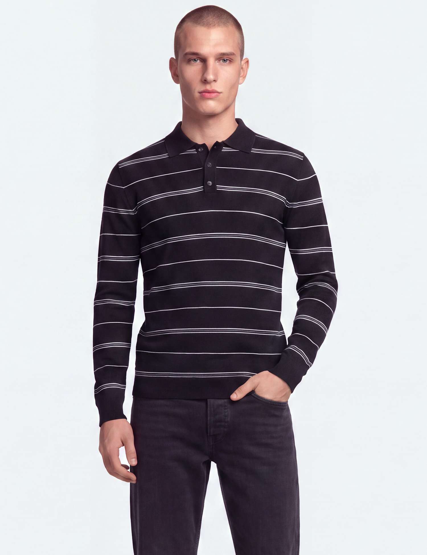 ONLY & SONS Striped Collared Knitted Polo Shirt Black Mix