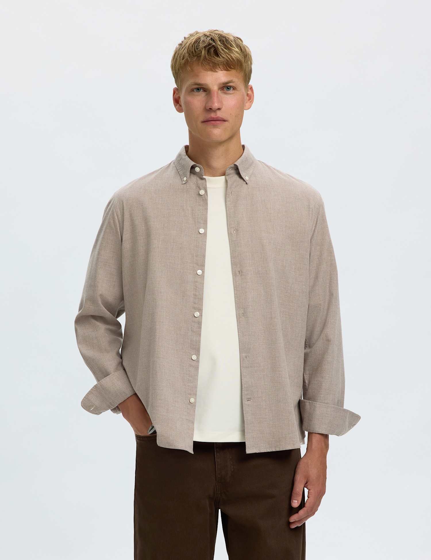 Selected Regular Fit Brushed Cotton Flannel Shirt Beige