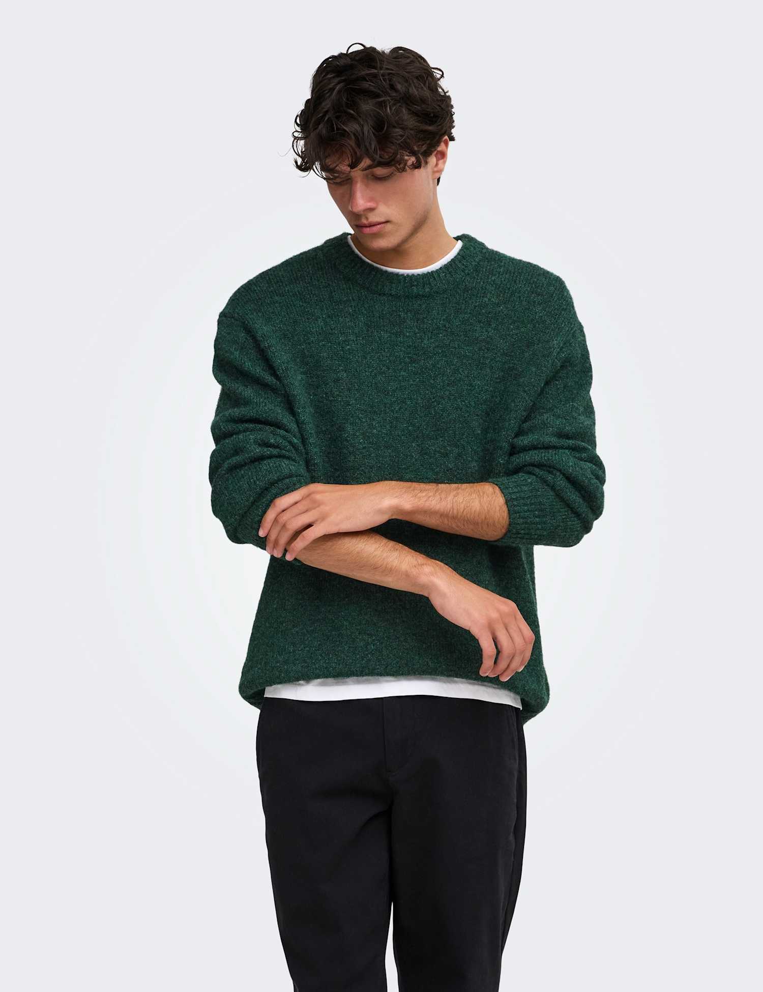 ONLY & SONS Wool Blend Textured Crew Neck Jumper Dark Green