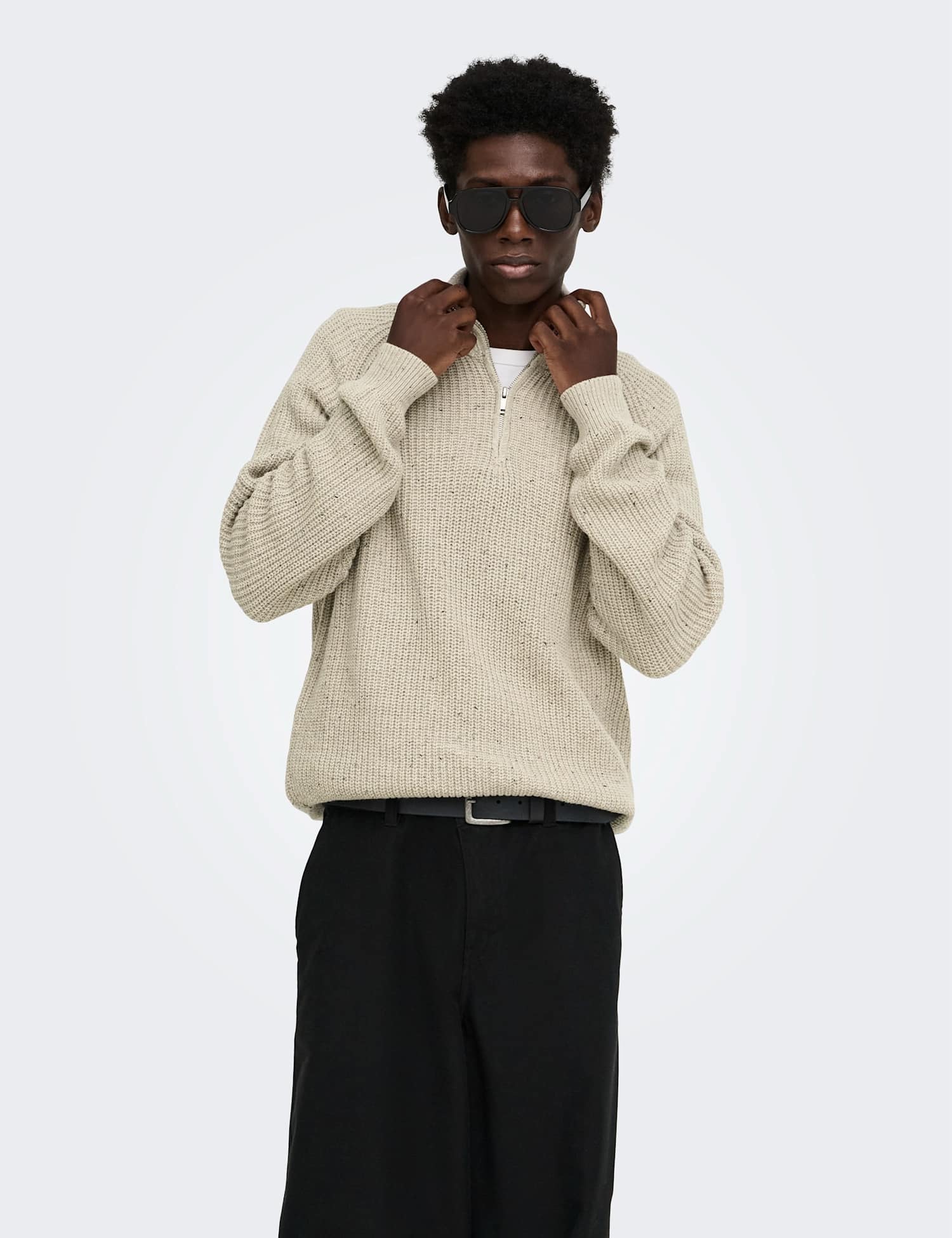 ONLY & SONS Cotton Rich Textured Funnel Neck Zip Up Jumper Beige