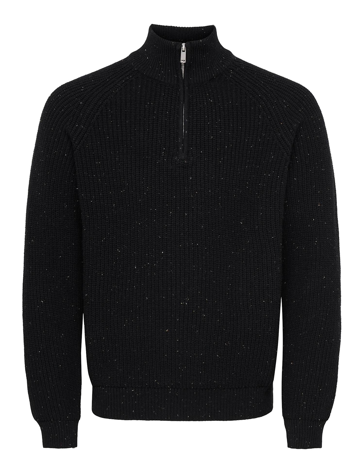 ONLY & SONS Cotton Rich Textured Funnel Neck Zip Up Jumper Black