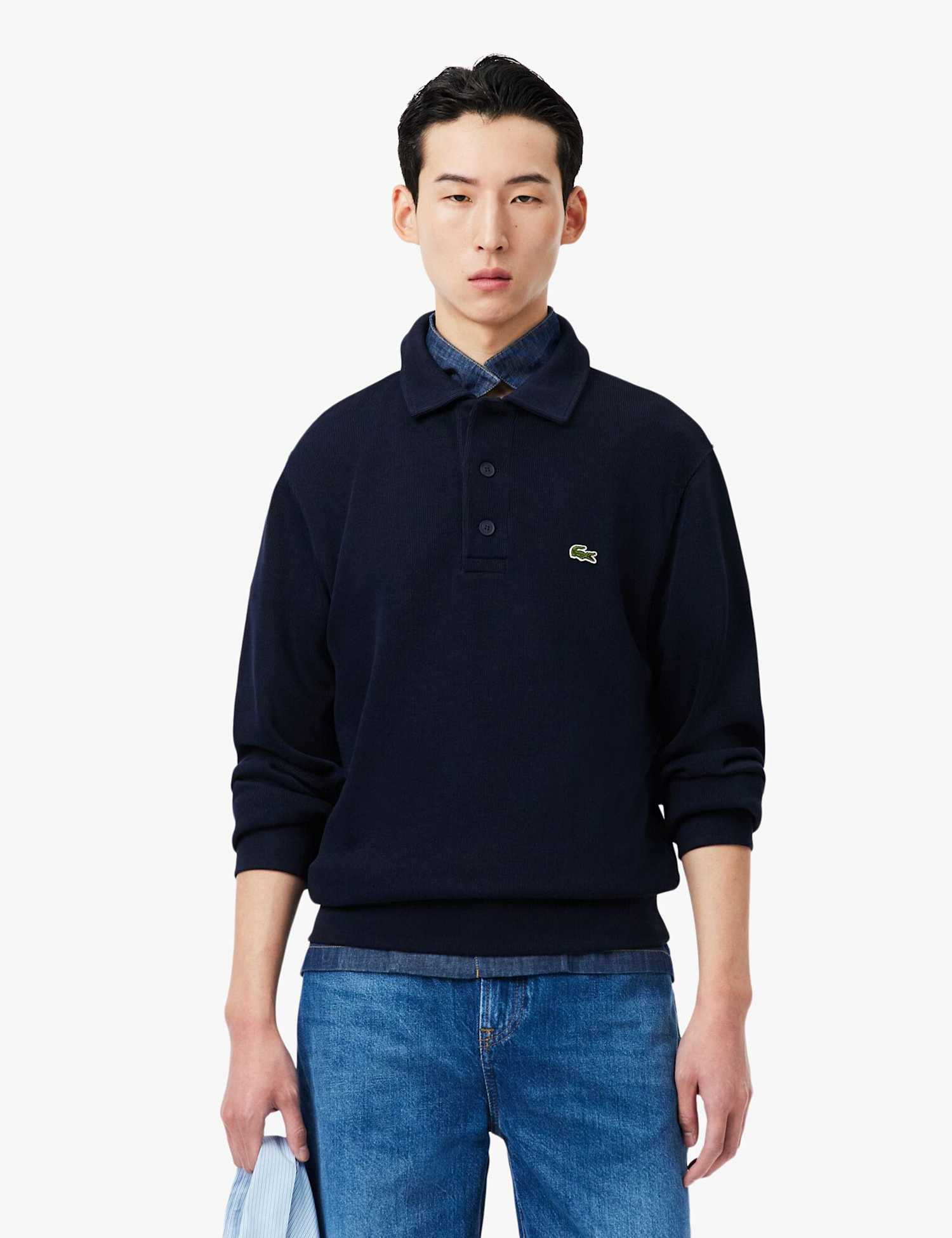 Lacoste Pure Cotton Knitted Polo Collar Sweatshirt Navy