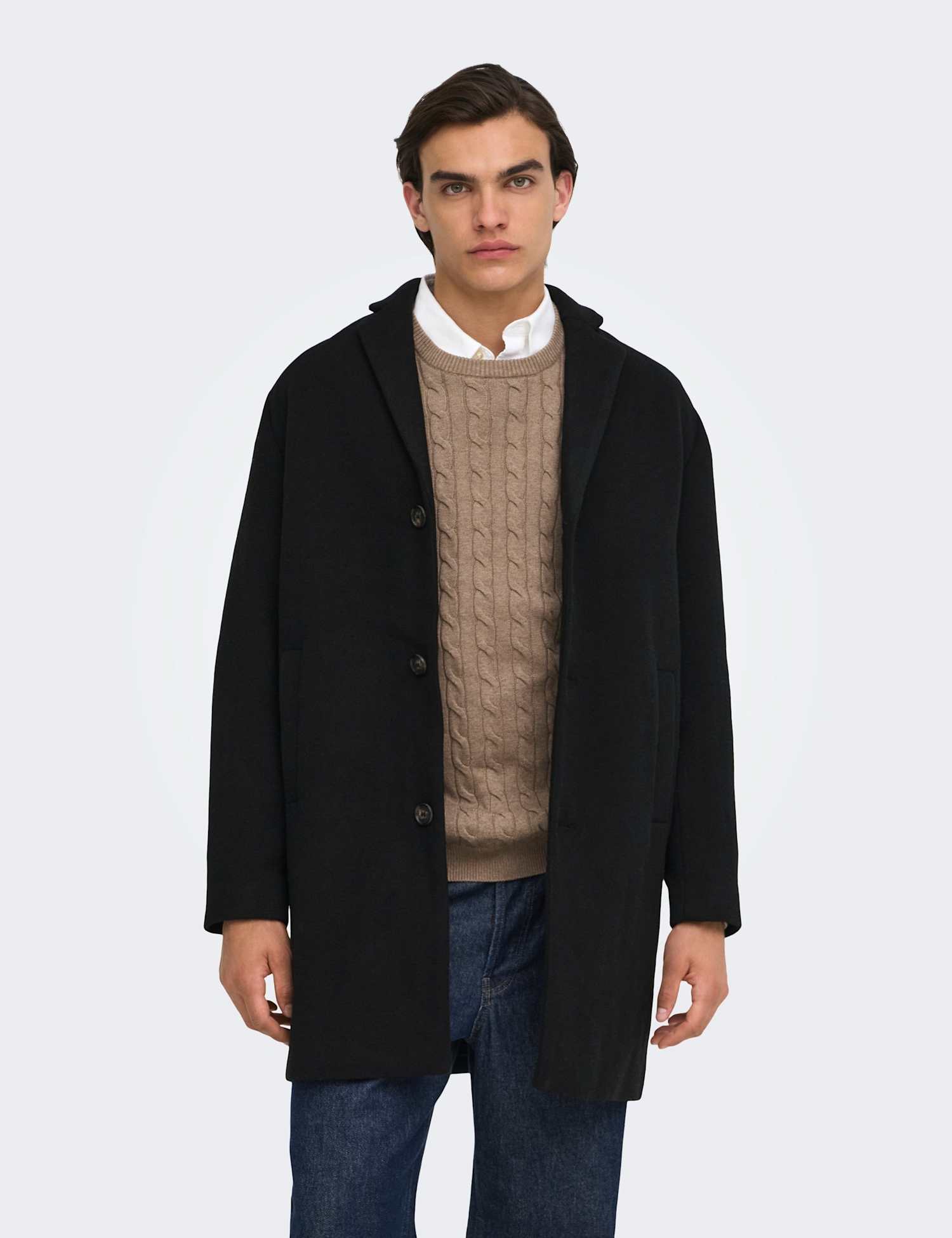 JACK & JONES Overcoat with Wool Black