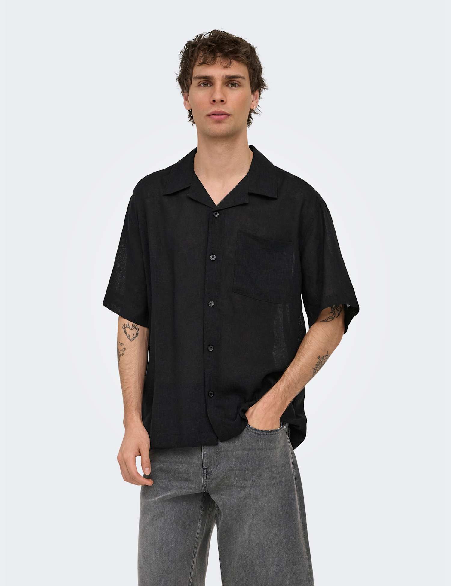 ONLY & SONS Relaxed Fit Linen Rich Short Sleeve Shirt Black