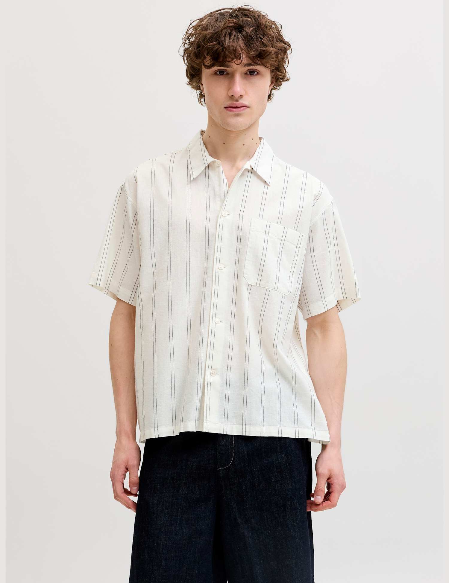 JACK & JONES Cotton Linen Blend Striped Short Sleeve Shirt White