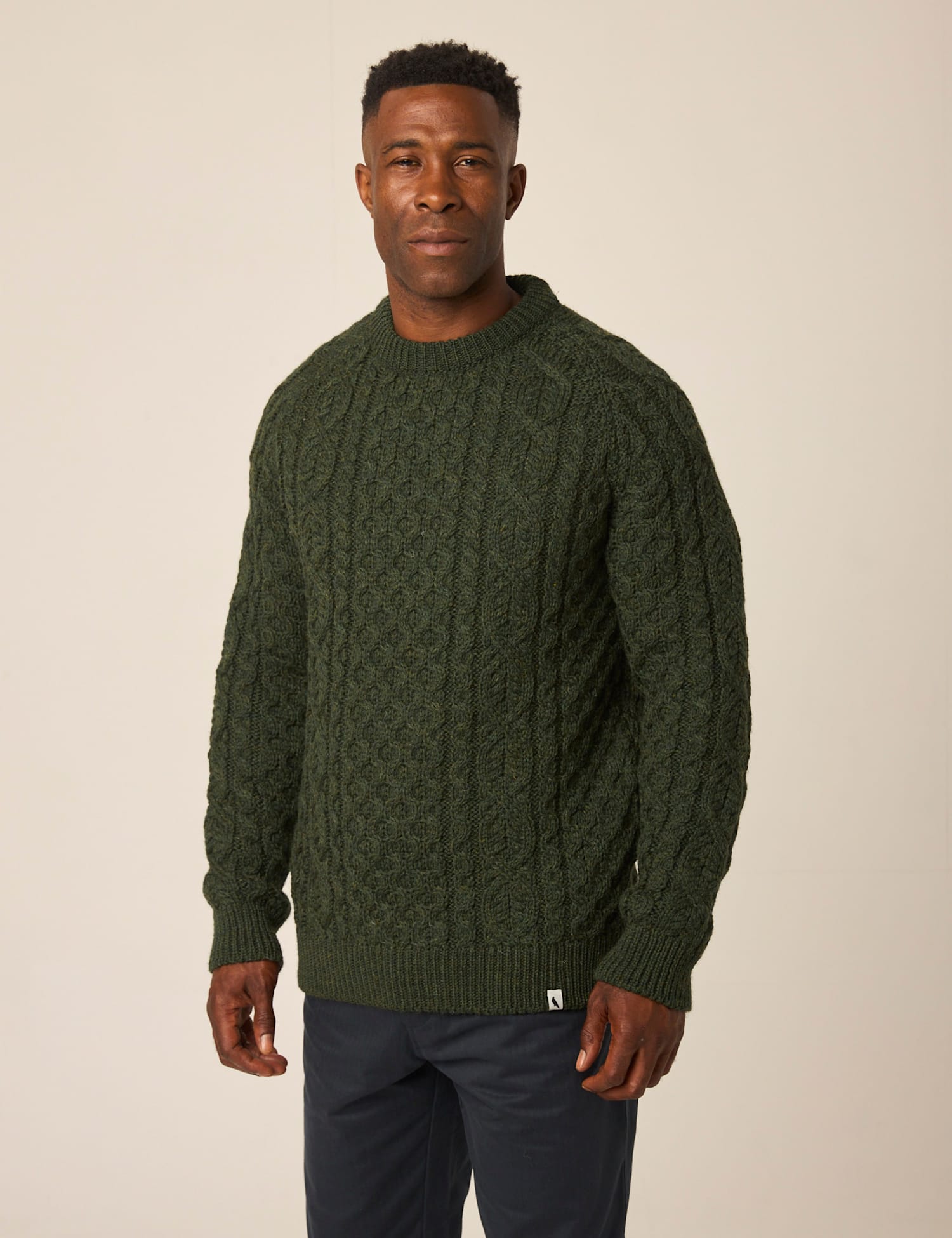 Peregrine Pure Wool Cable Crew Neck Jumper Olive