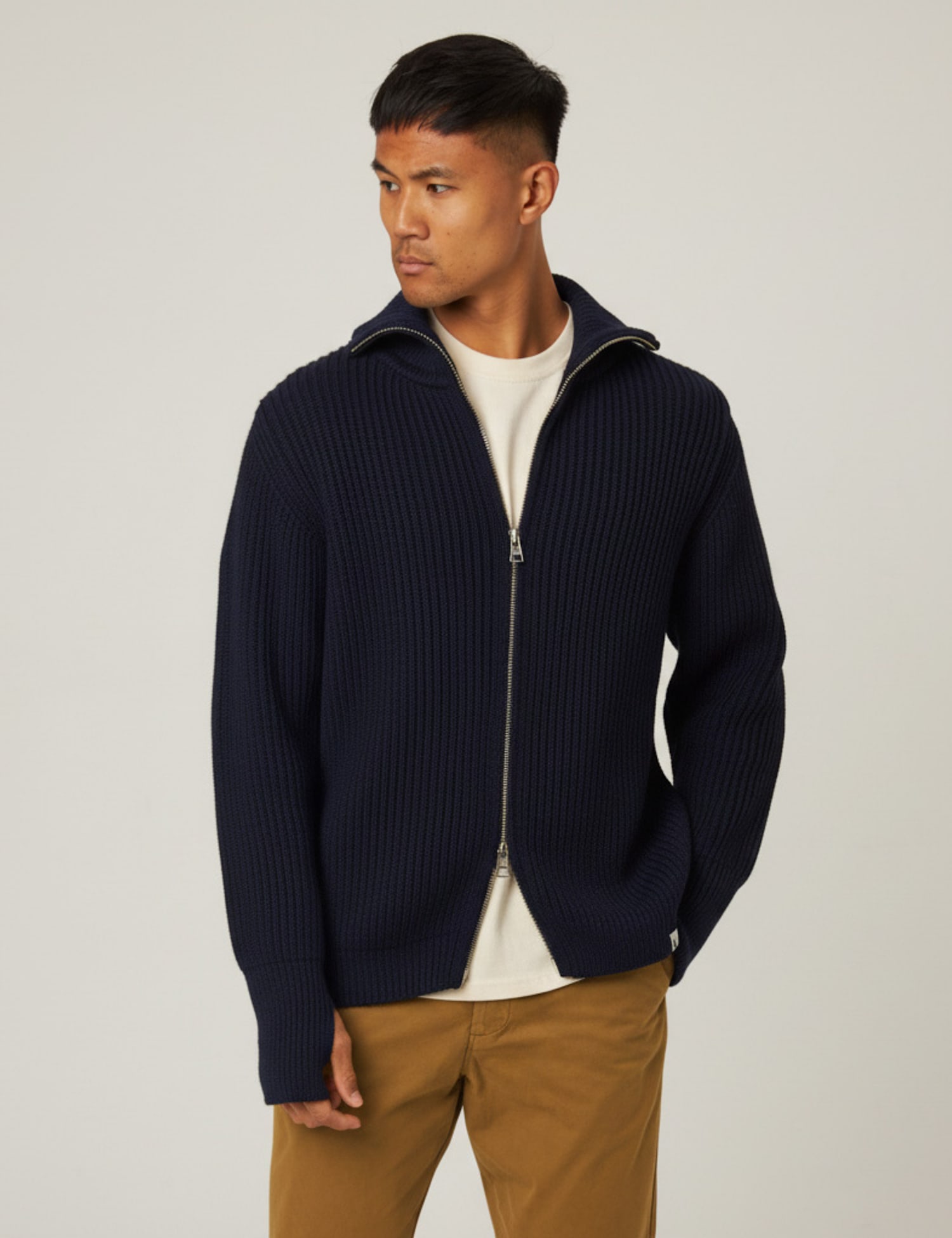 Peregrine Pure Merino Wool Cable Funnel Neck Cardigan Navy