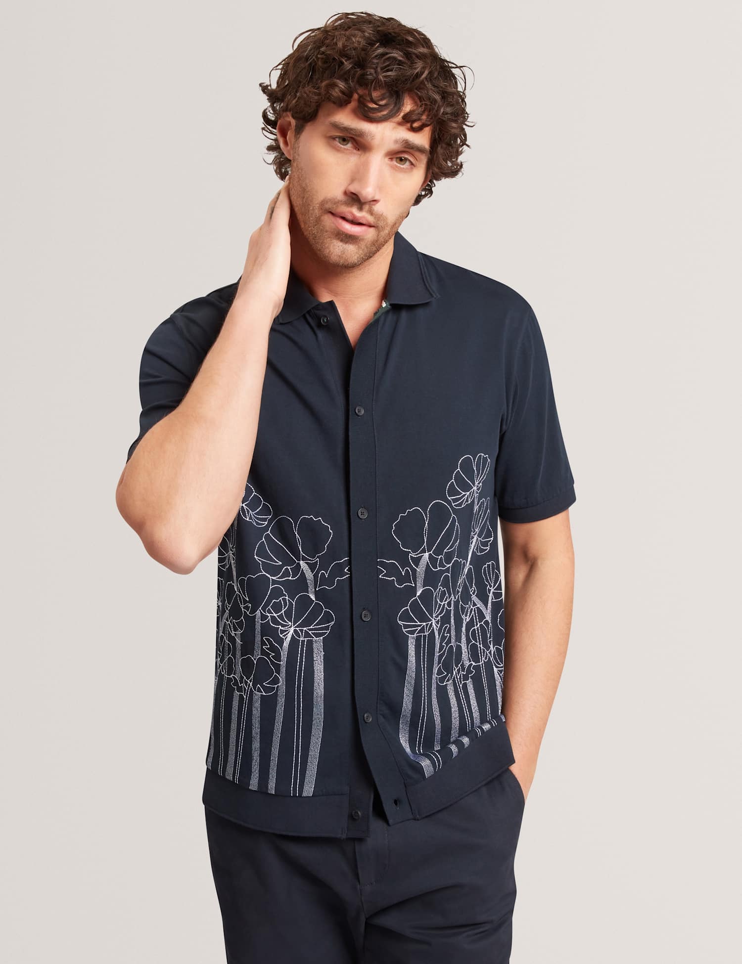 Ted Baker Pure Cotton Embroidered Short Sleeve Shirt Navy