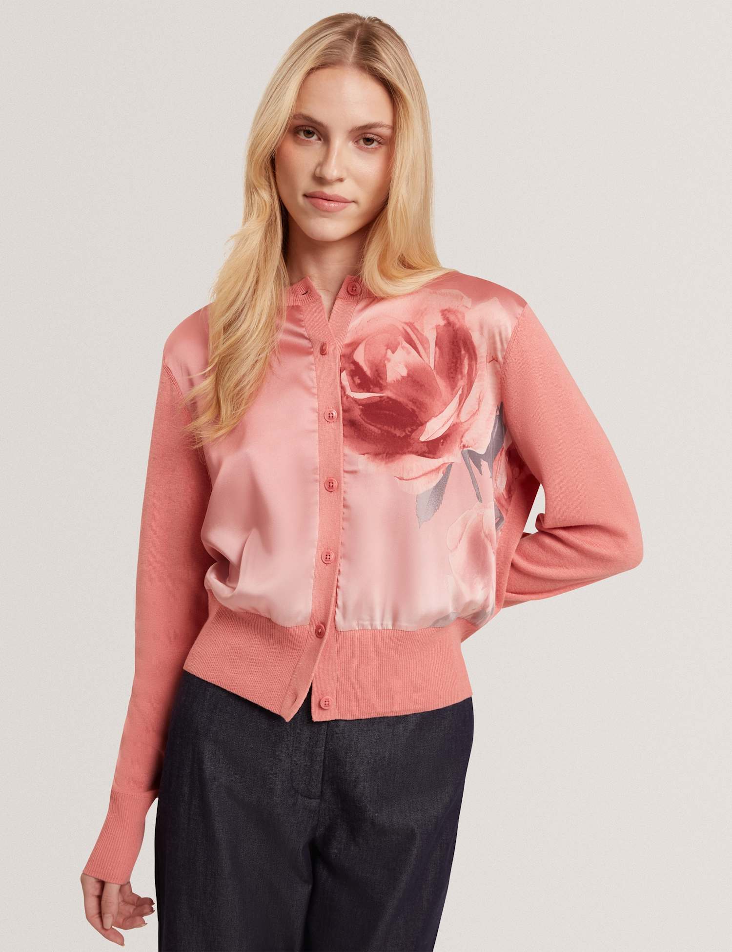 Ted Baker Pure Cotton Floral Crew Neck Cardigan Coral
