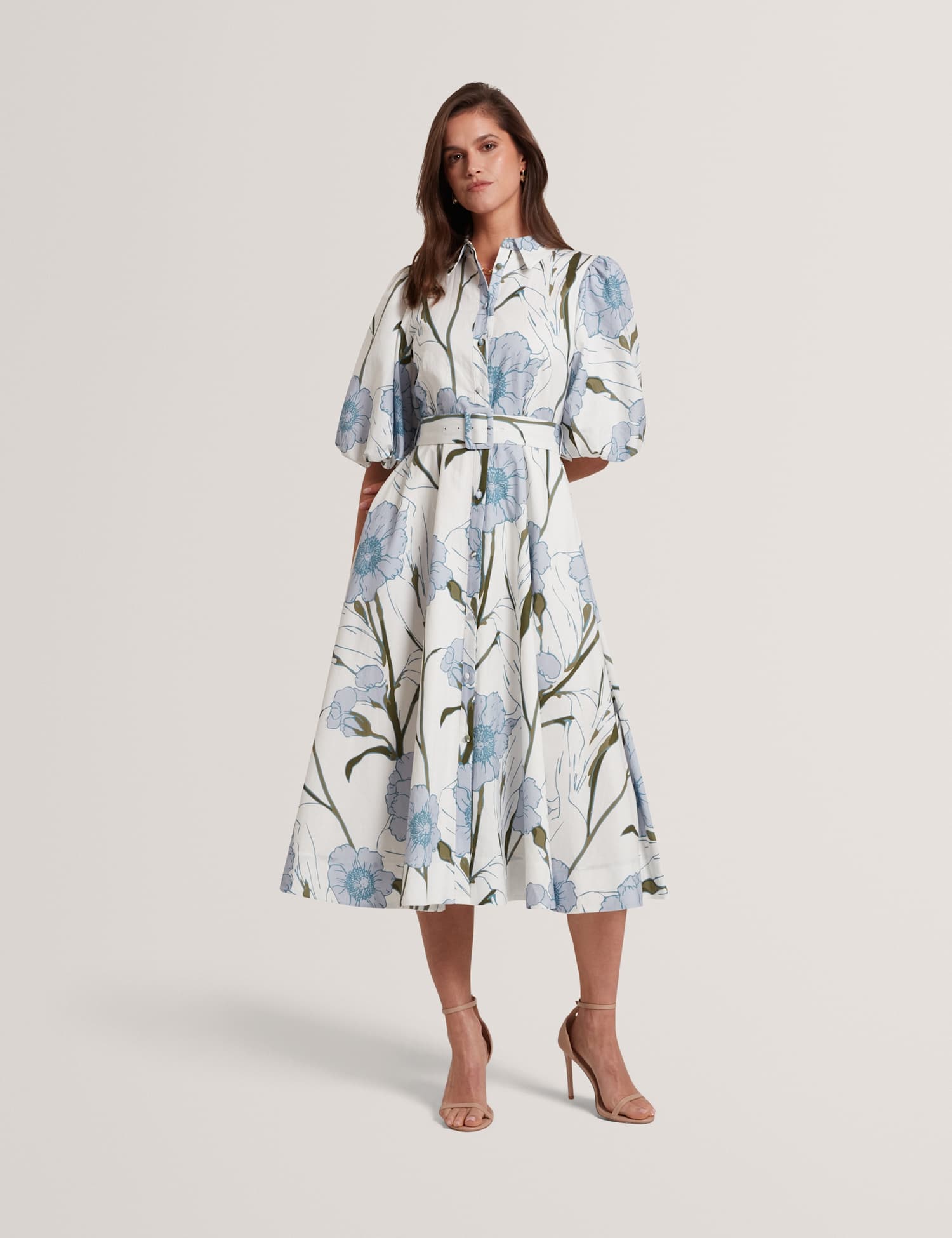 Ted Baker Floral Puff Sleeve Midi Shirt Dress Ivory