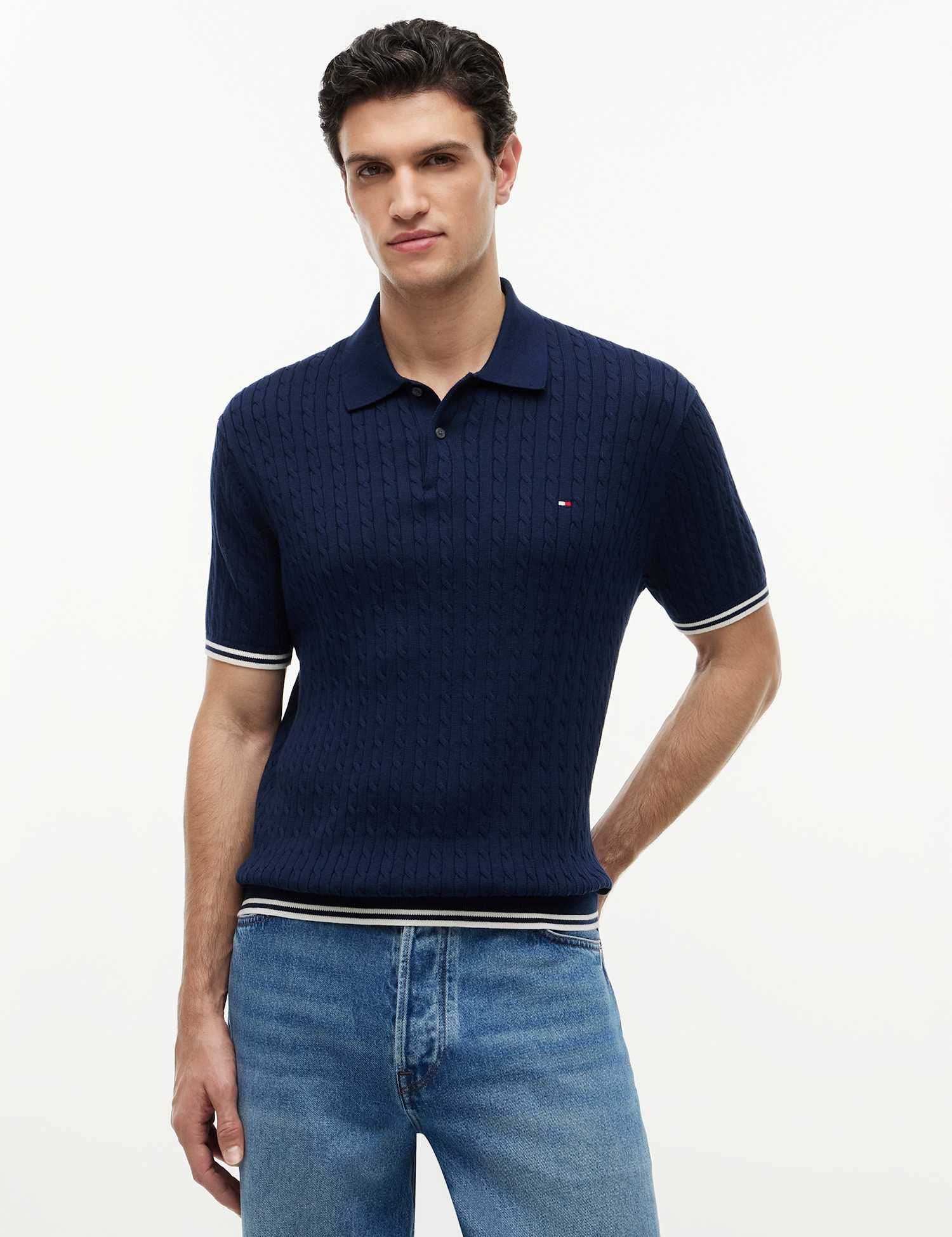 Tommy Hilfiger Pure Cotton Cable Knit Polo Shirt Navy