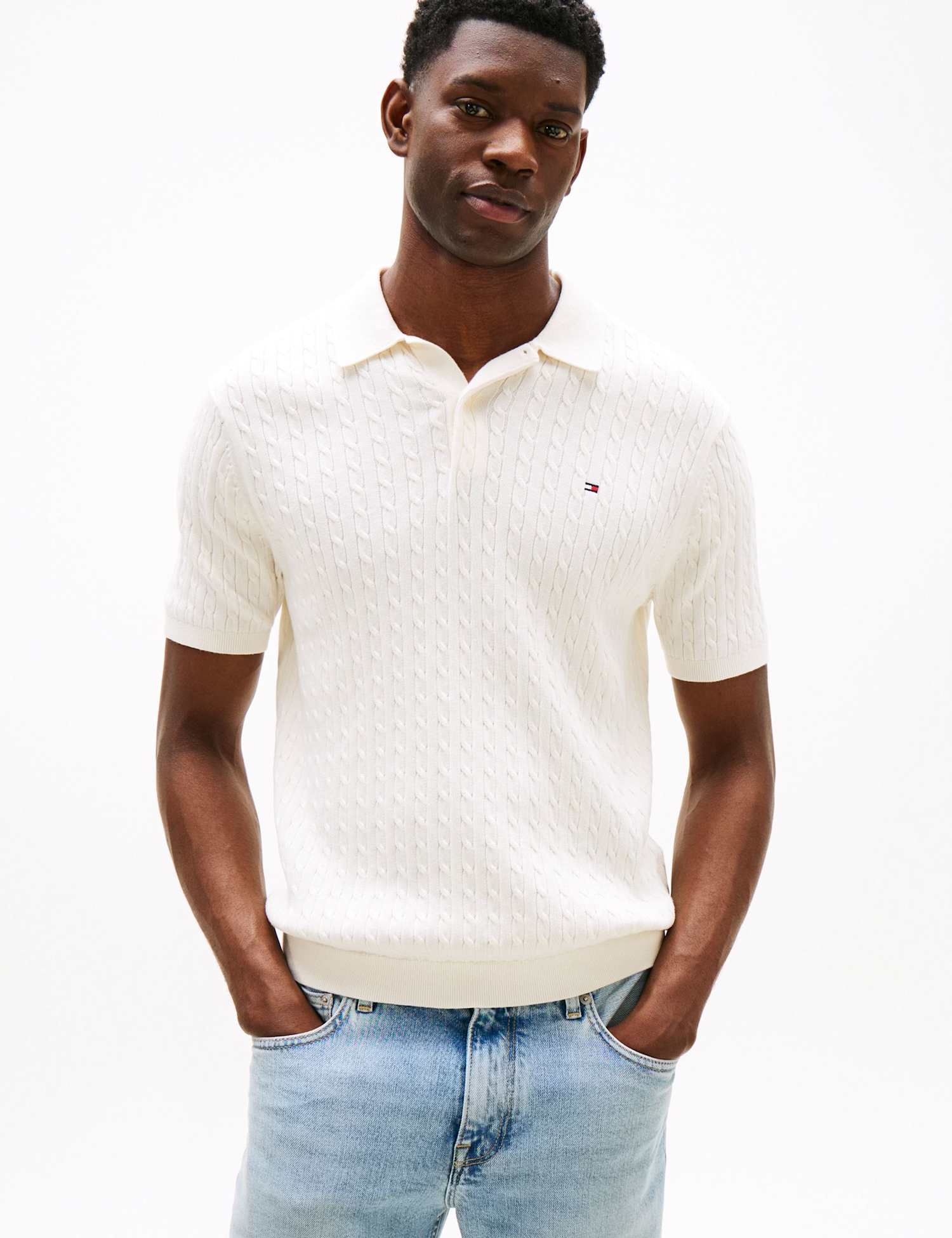 Tommy Hilfiger Pure Cotton Cable Knit Polo Shirt Ivory